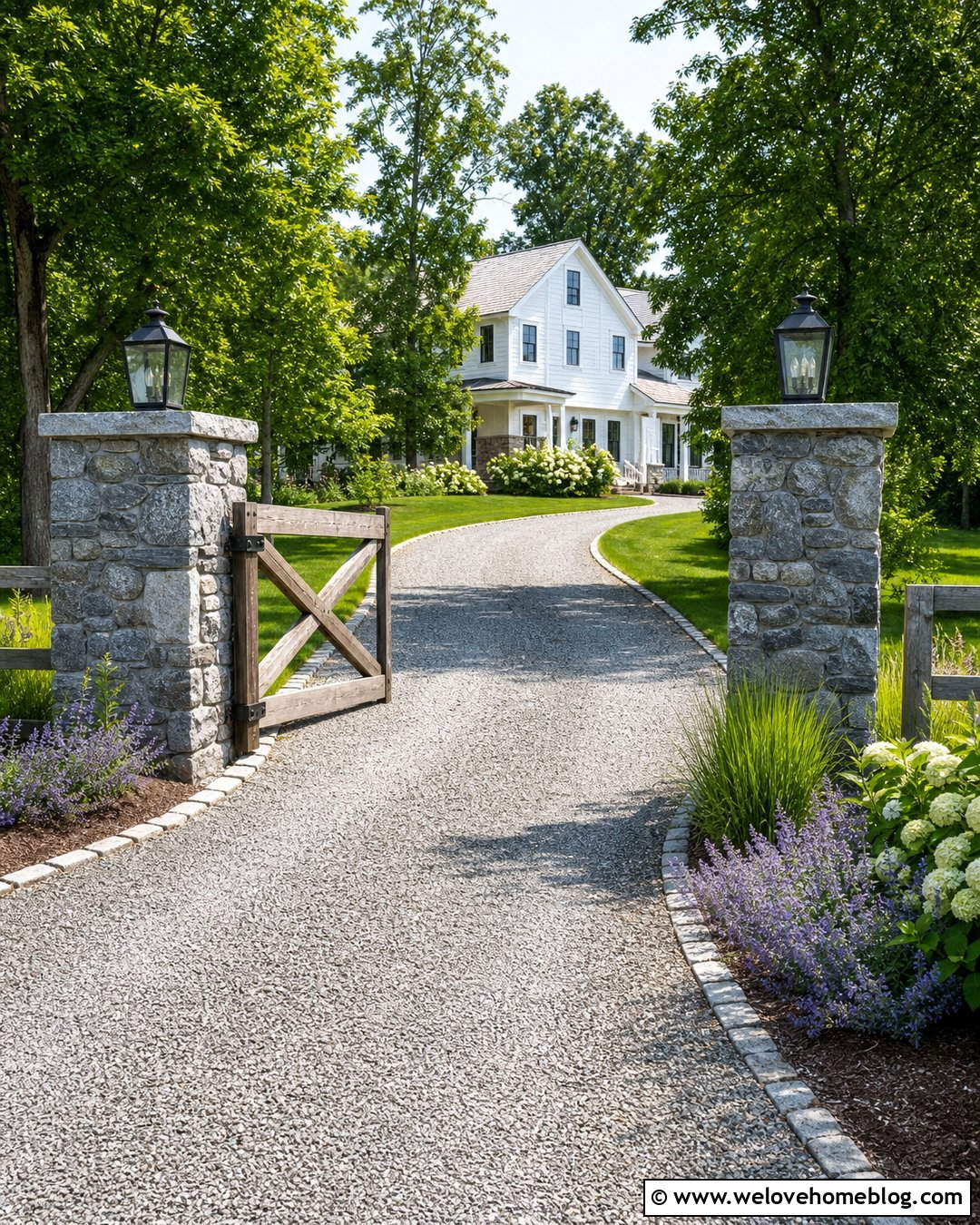 Farmhouse Driveway Gate Columns With Wood Crossbuck Gate - 20 Driveway Gate Columns Ideas