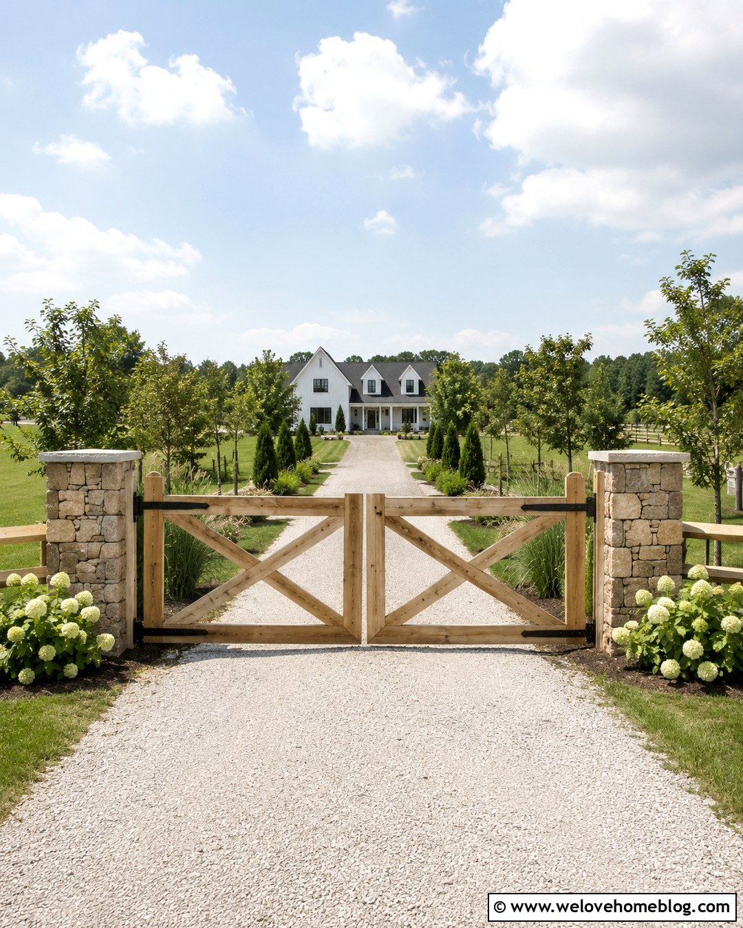 Farmhouse Driveway Gate With Stone Pillars - 20 Choosing A Driveway Gate Ideas