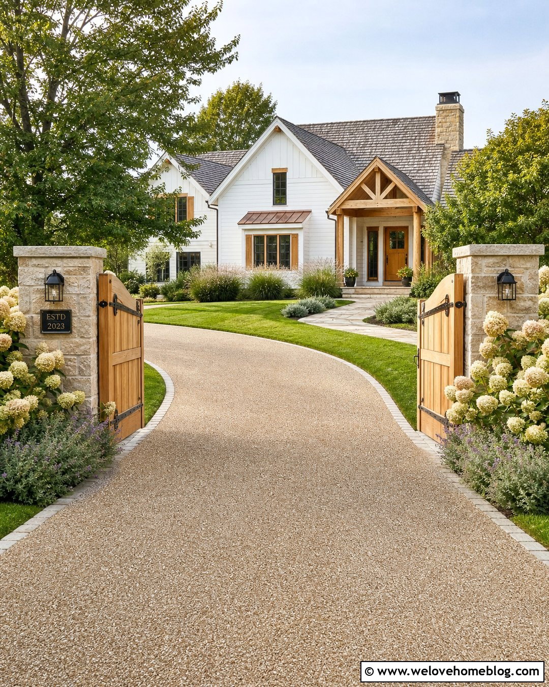 Farmhouse Driveway With Arched Wooden Gate - 40 Farmhouse Driveway Entrance Ideas