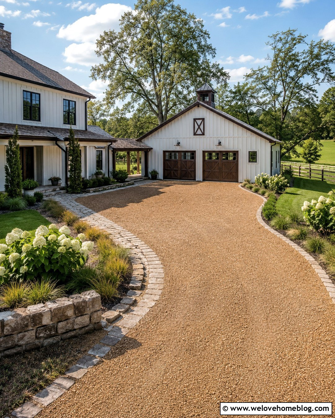 Farmhouse Driveway With Barn Garage Approach - 20 Driveway Farmhouse Ideas