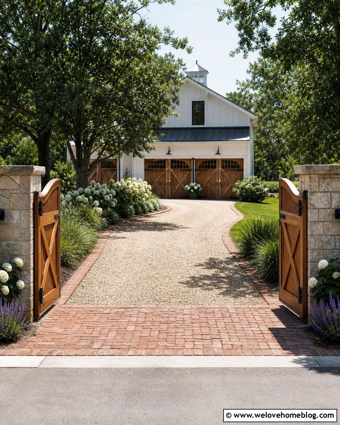 Farmhouse Driveway With Barn Style Gate - 40 Farmhouse Driveway Entrance Ideas