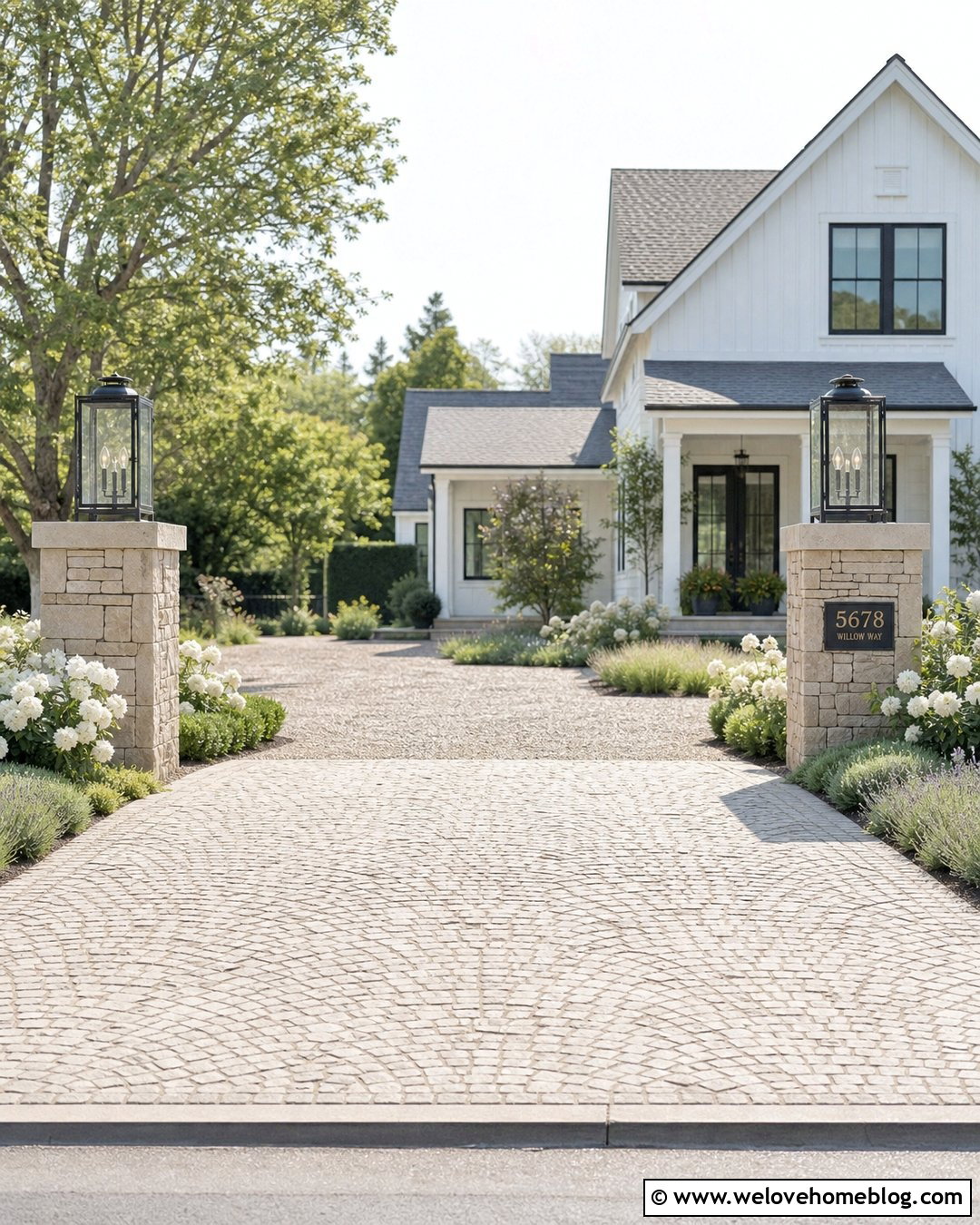 Farmhouse Driveway With Black Lantern Pillars - 40 Farmhouse Driveway Entrance Ideas