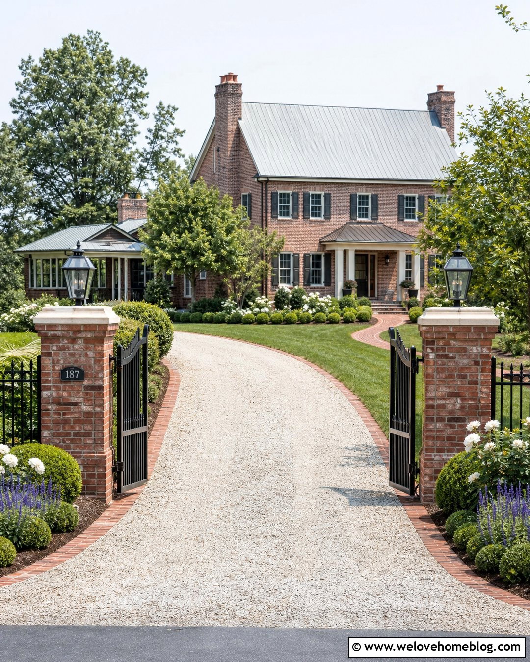 Farmhouse Driveway With Brick Pillars And Lanterns - 40 Farmhouse Driveway Entrance Ideas