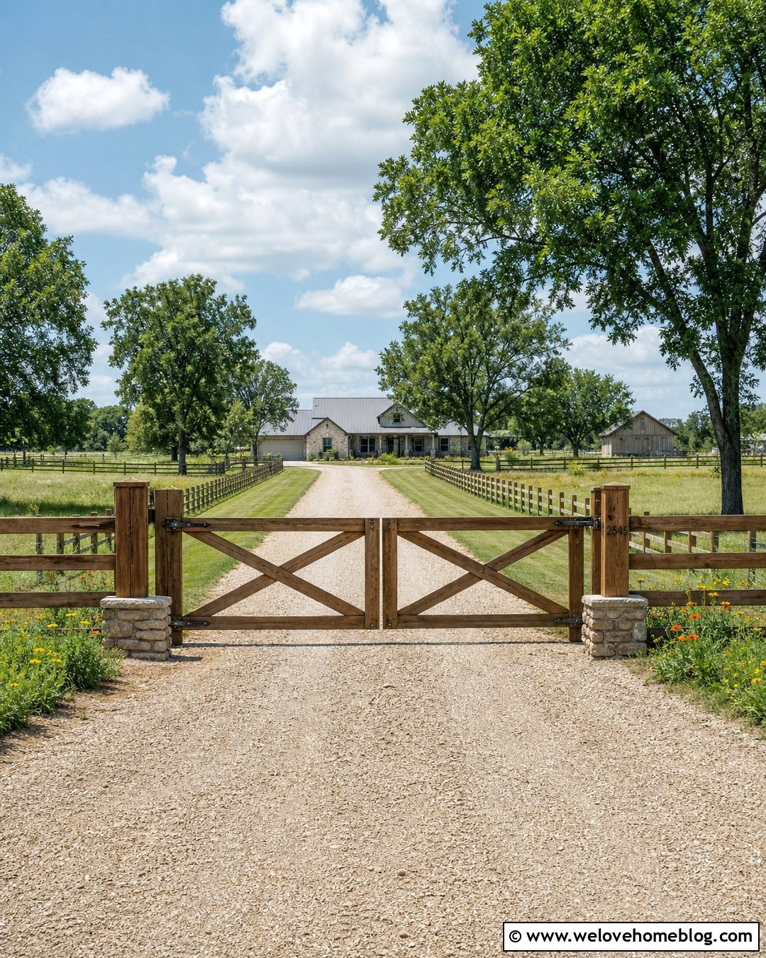 Farmhouse Driveway With Cedar X Brace Gate - 40 Farmhouse Driveway Entrance Ideas