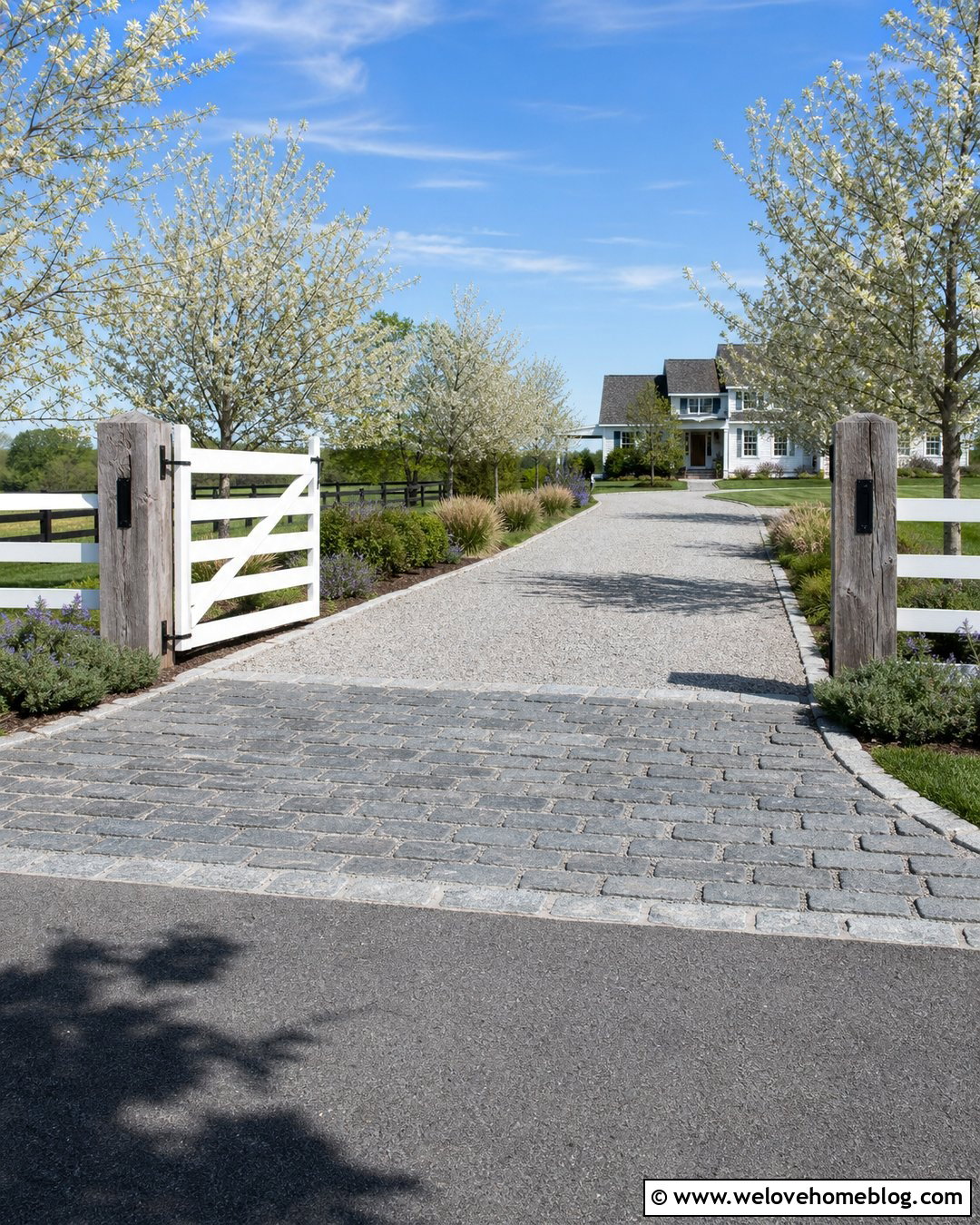 Farmhouse Driveway With Cobblestone Apron - 40 Farmhouse Driveway Entrance Ideas