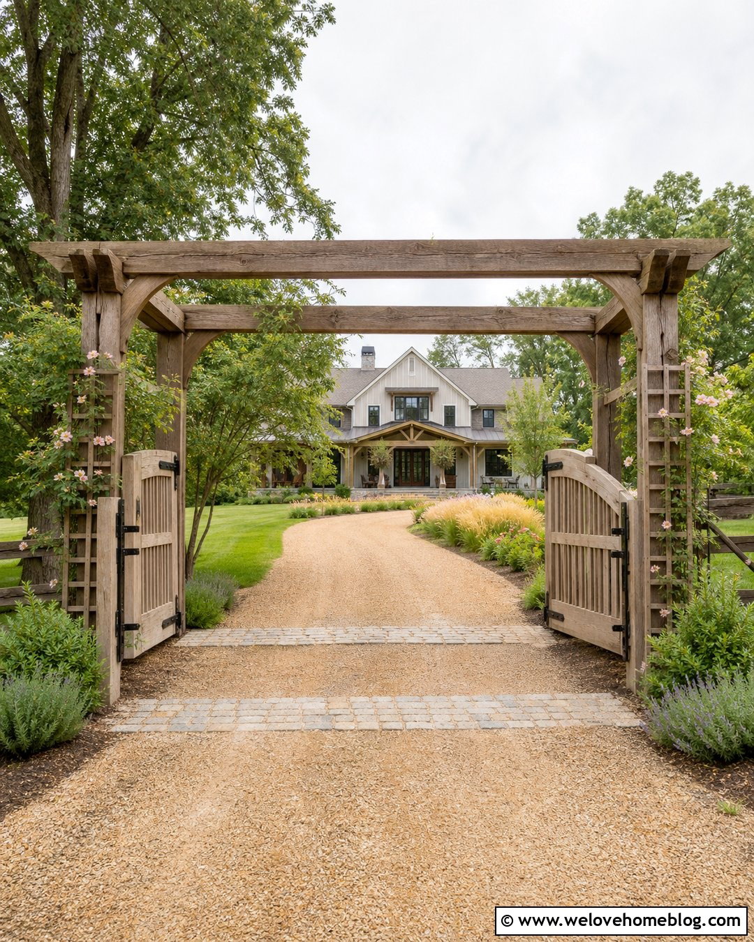 Farmhouse Driveway With Covered Gate Arbor - 40 Farmhouse Driveway Entrance Ideas