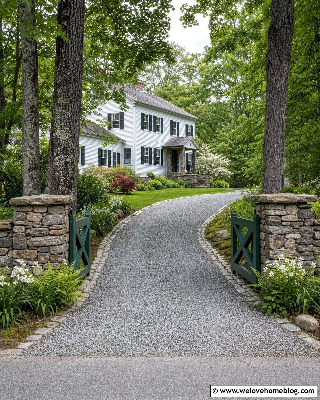 Farmhouse Driveway With Dry Stacked Stone Posts - 40 Farmhouse Driveway Entrance Ideas