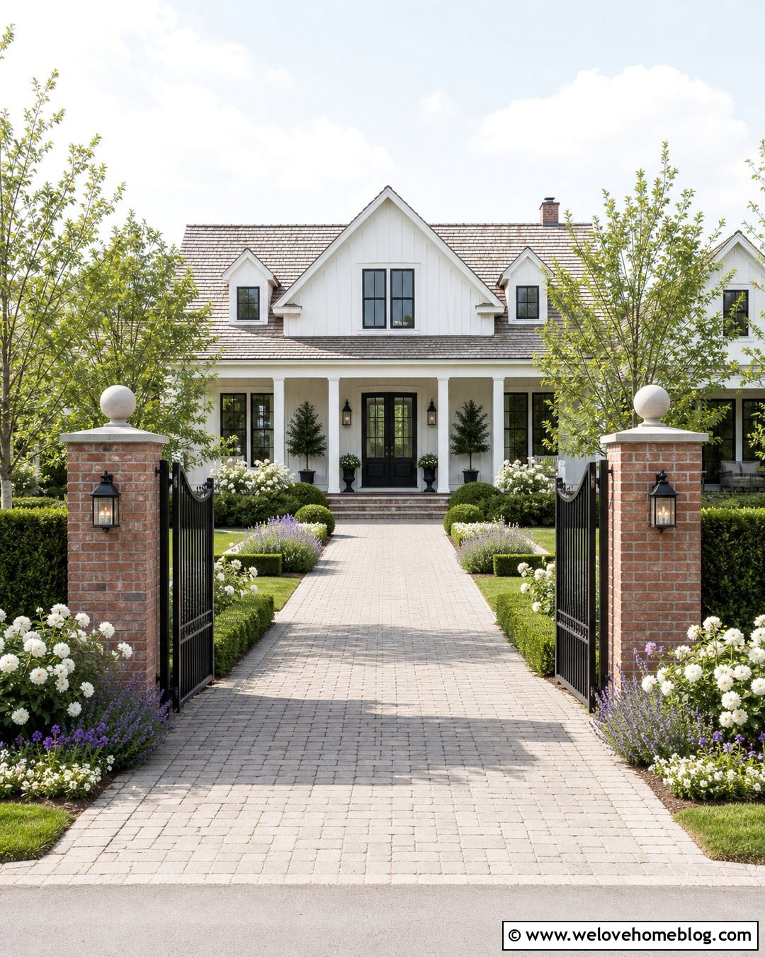 Farmhouse Driveway With Evergreen Hedge Entrance - 40 Farmhouse Driveway Entrance Ideas