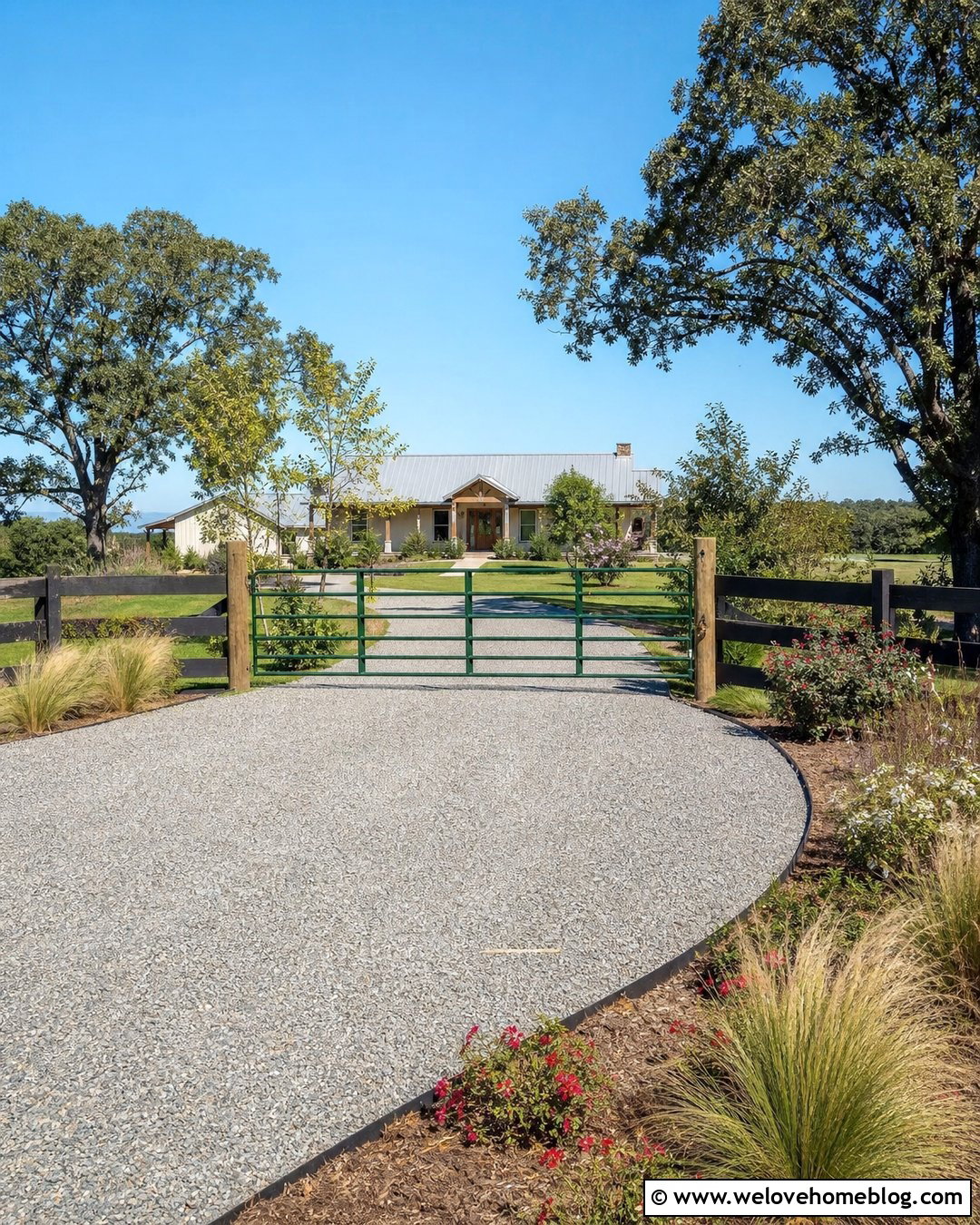 Farmhouse Driveway With Farm Style Metal Gate - 40 Farmhouse Driveway Entrance Ideas