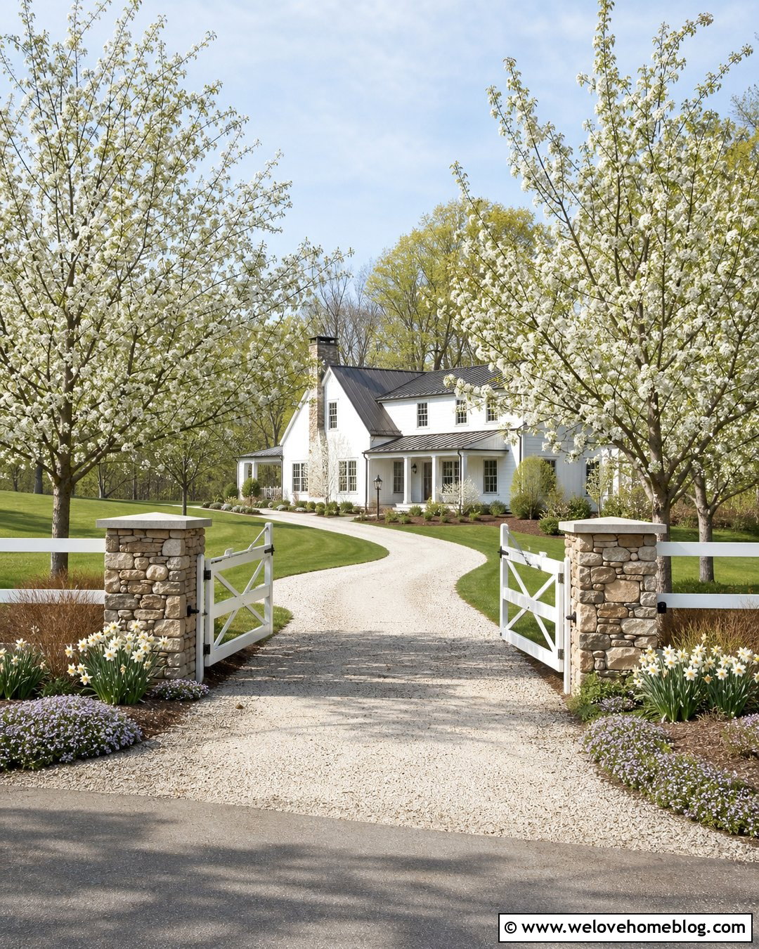 Farmhouse Driveway With Flowering Tree Entrance - 40 Farmhouse Driveway Entrance Ideas