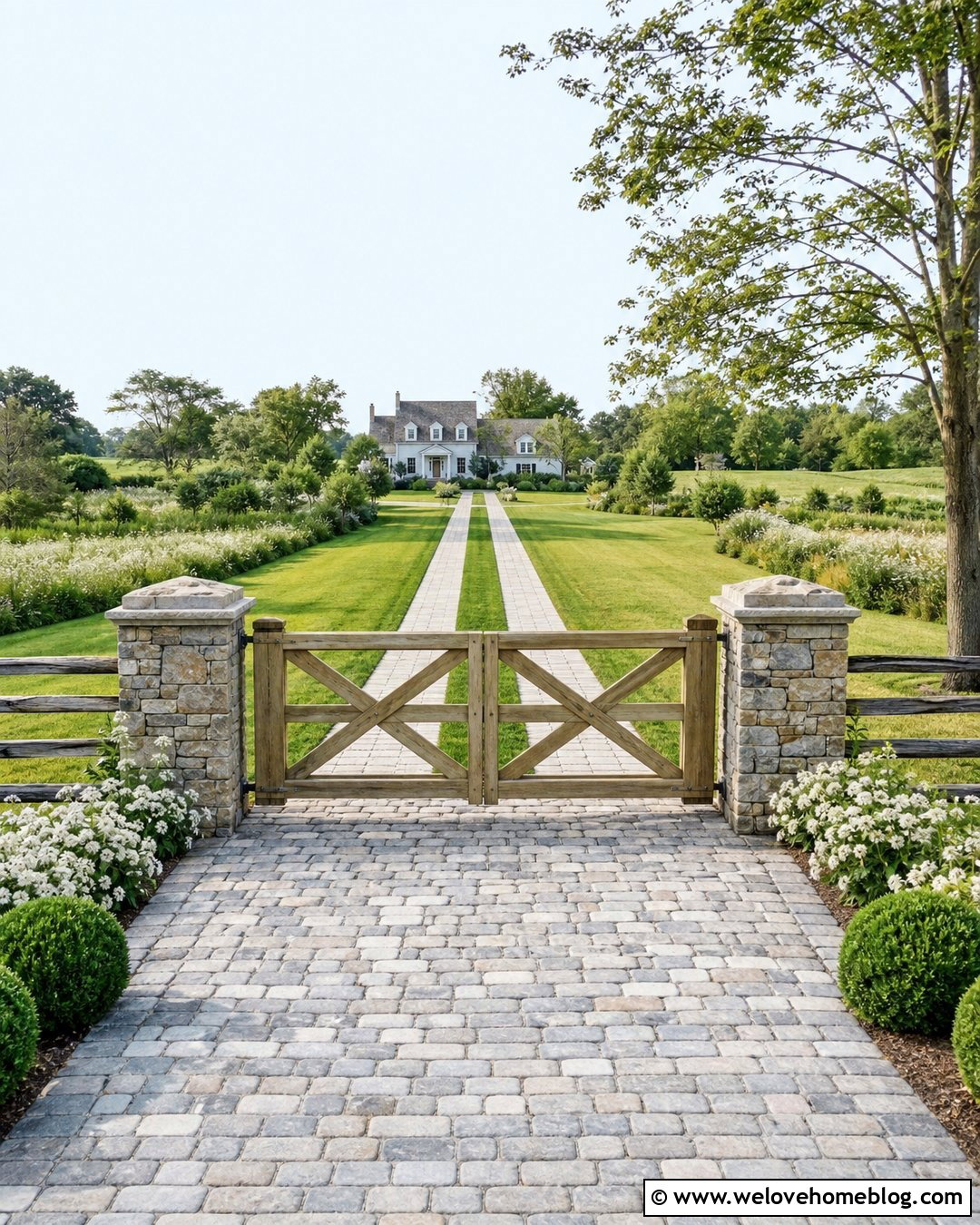 Farmhouse Driveway With Grass Strip Pavers - 40 Farmhouse Driveway Entrance Ideas