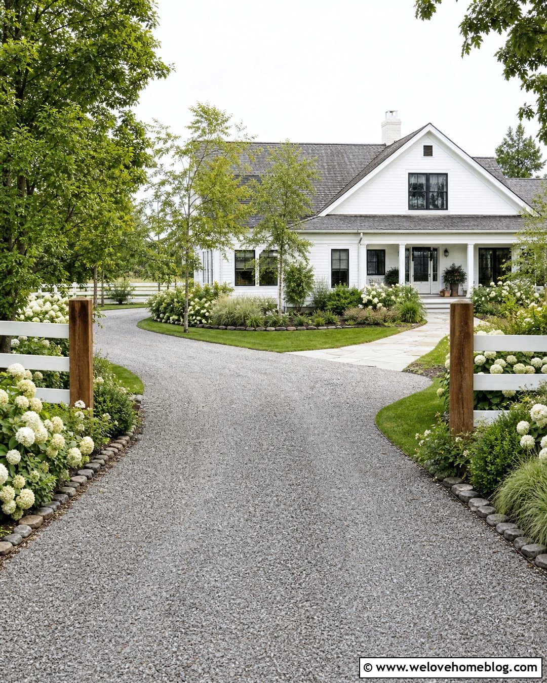 Farmhouse Driveway With Hydrangea Garden - 20 garden with driveway ideas