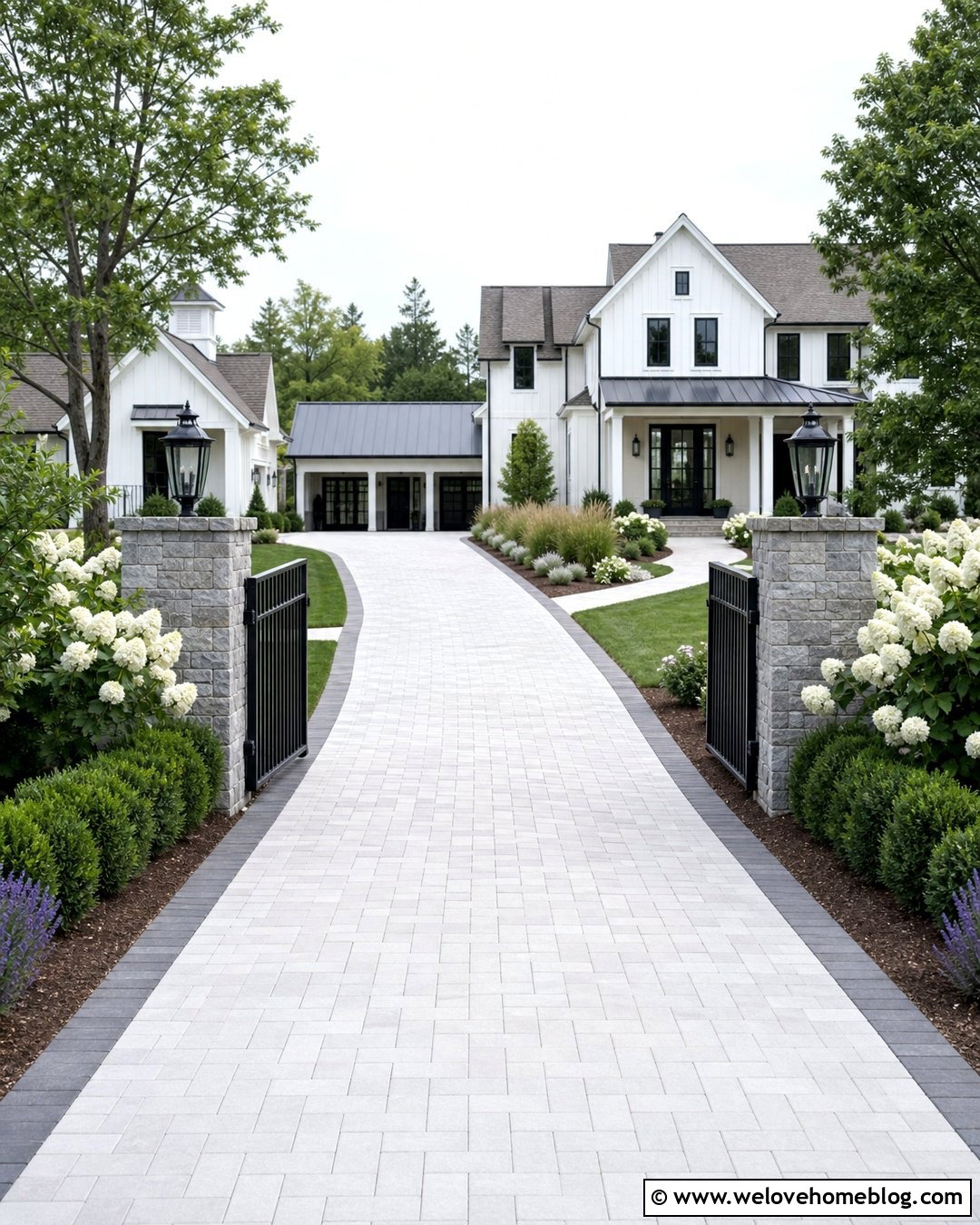 Farmhouse Driveway With Hydrangea Landscaping - 40 Farmhouse Driveway Entrance Ideas