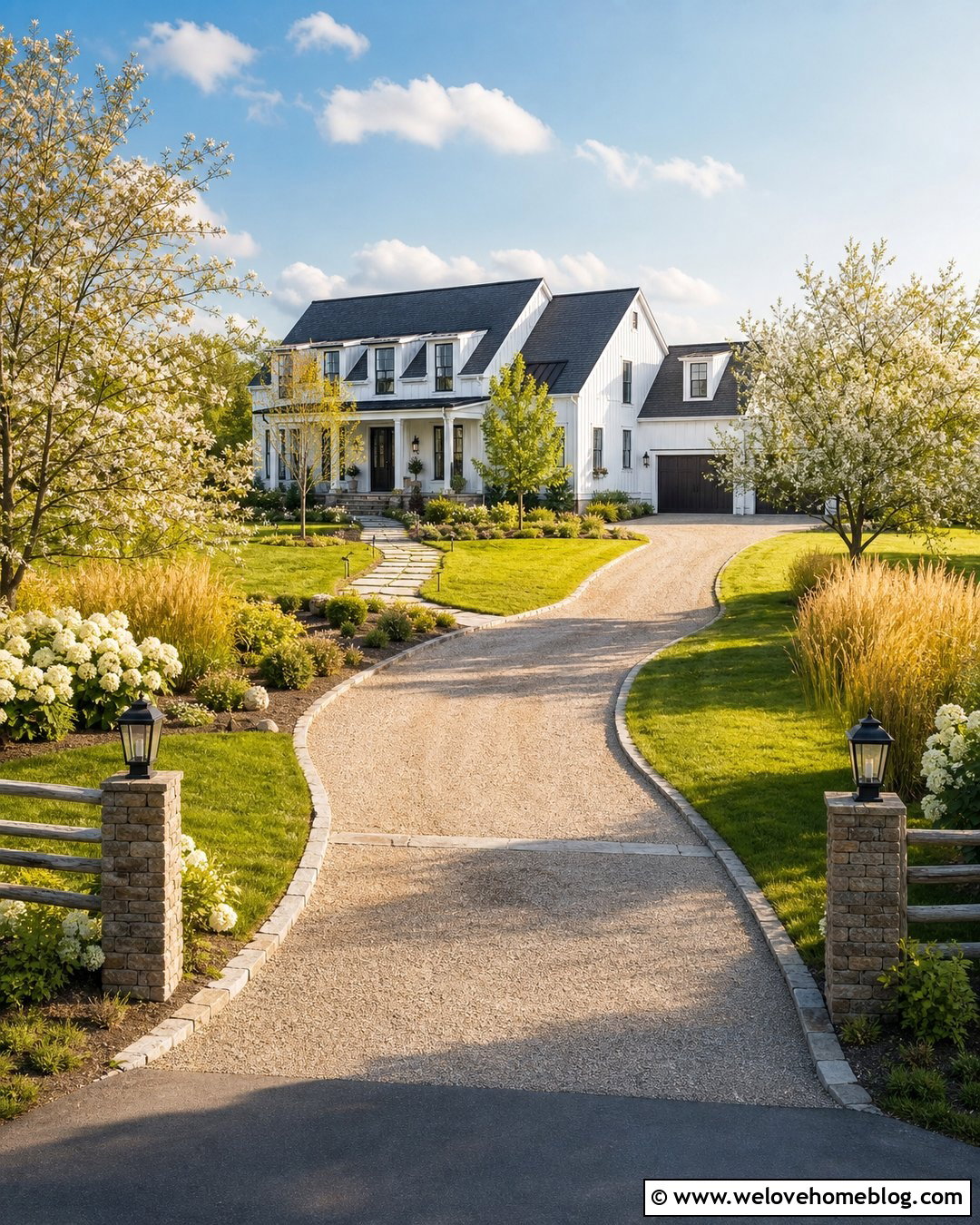 Farmhouse Driveway With Lantern Posts - 25 Driveway With Lights Ideas