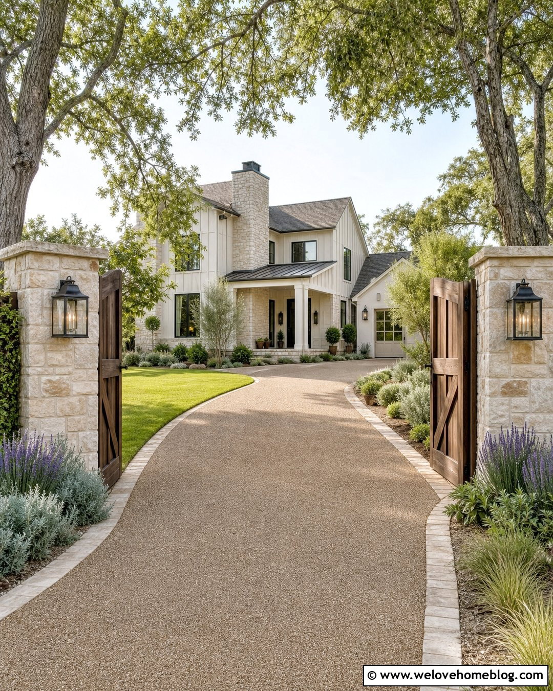 Farmhouse Driveway With Limestone Columns - 40 Farmhouse Driveway Entrance Ideas