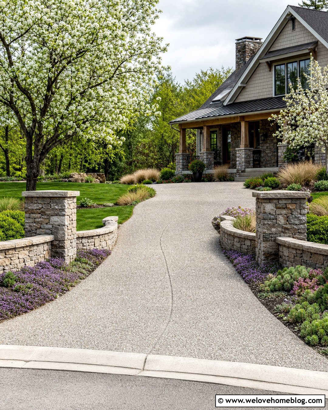 Farmhouse Driveway With Low Stone Walls - 40 Farmhouse Driveway Entrance Ideas