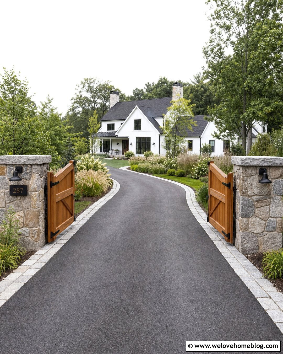 Farmhouse Driveway With Native Grass Borders - 40 Farmhouse Driveway Entrance Ideas