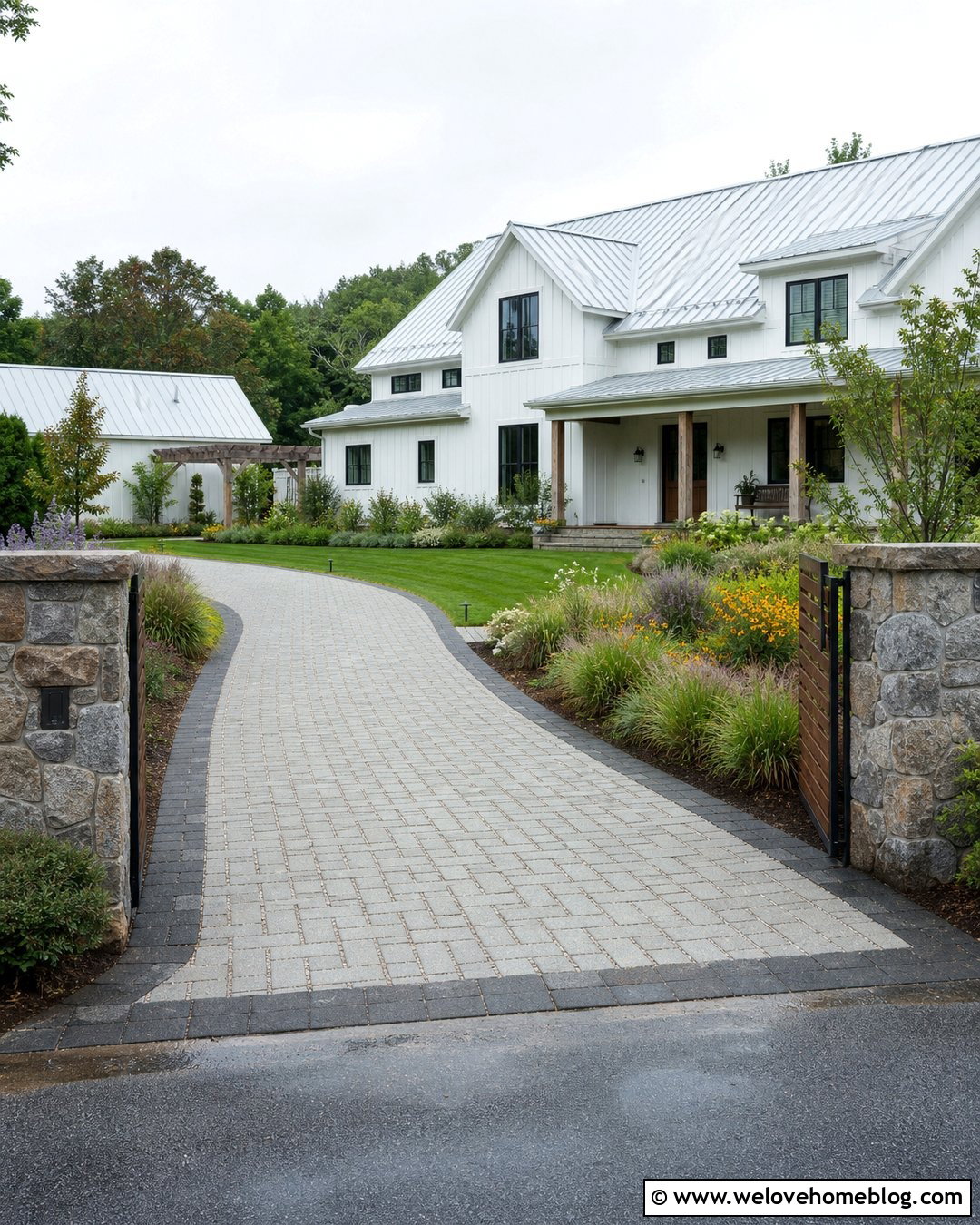 Farmhouse Driveway With Permeable Pavers - 40 Farmhouse Driveway Entrance Ideas