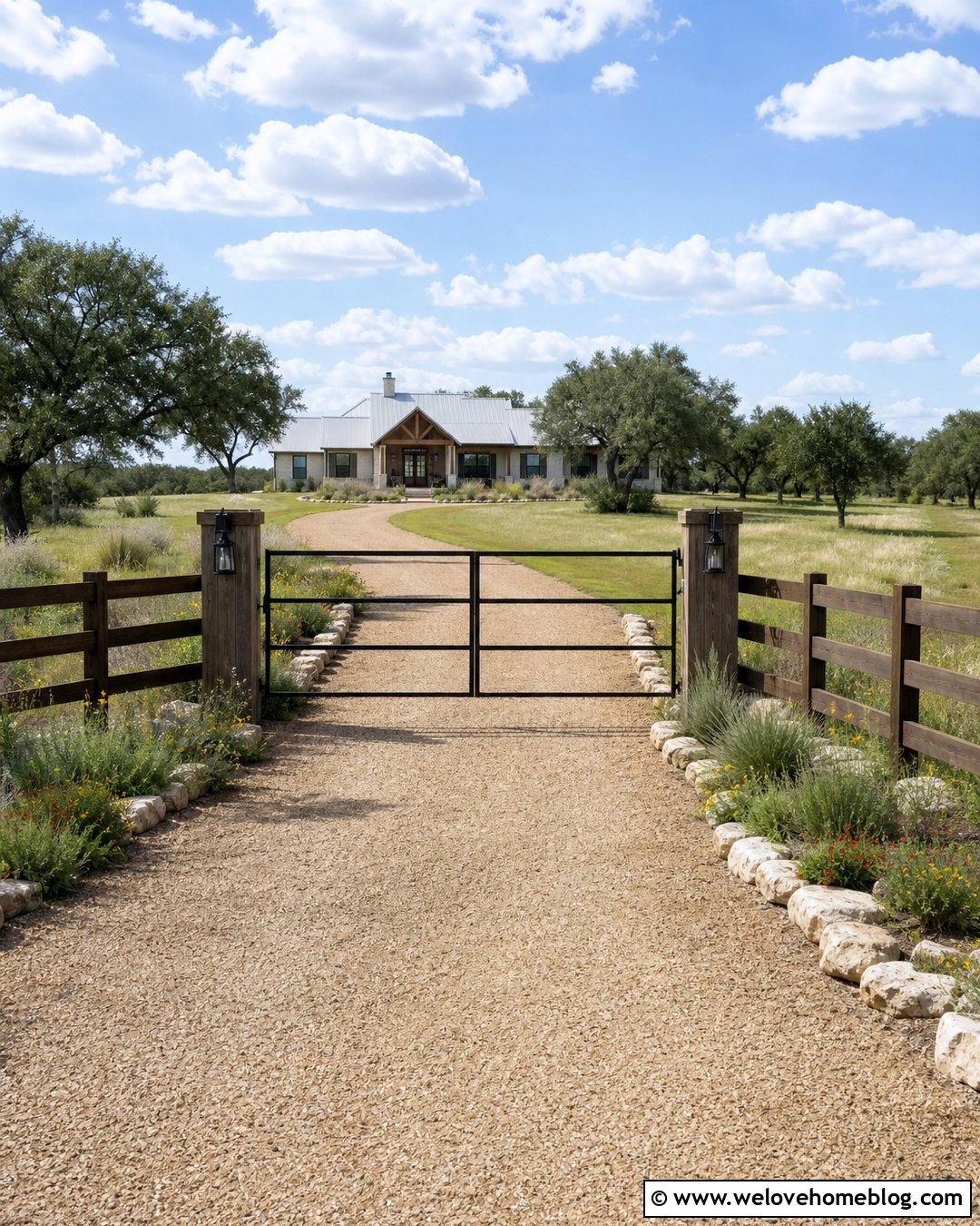 Farmhouse Driveway With Ranch Rail Entrance - 40 Farmhouse Driveway Entrance Ideas