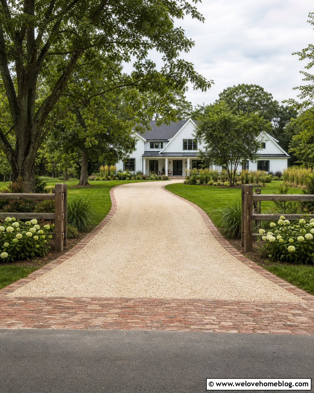 Farmhouse Driveway With Reclaimed Brick Ribbons - 20 Brick Ribbon Driveway Ideas