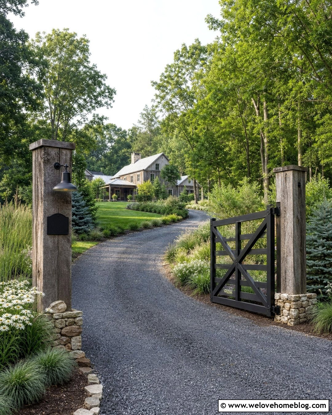 Farmhouse Driveway With Reclaimed Timber Posts - 40 Farmhouse Driveway Entrance Ideas