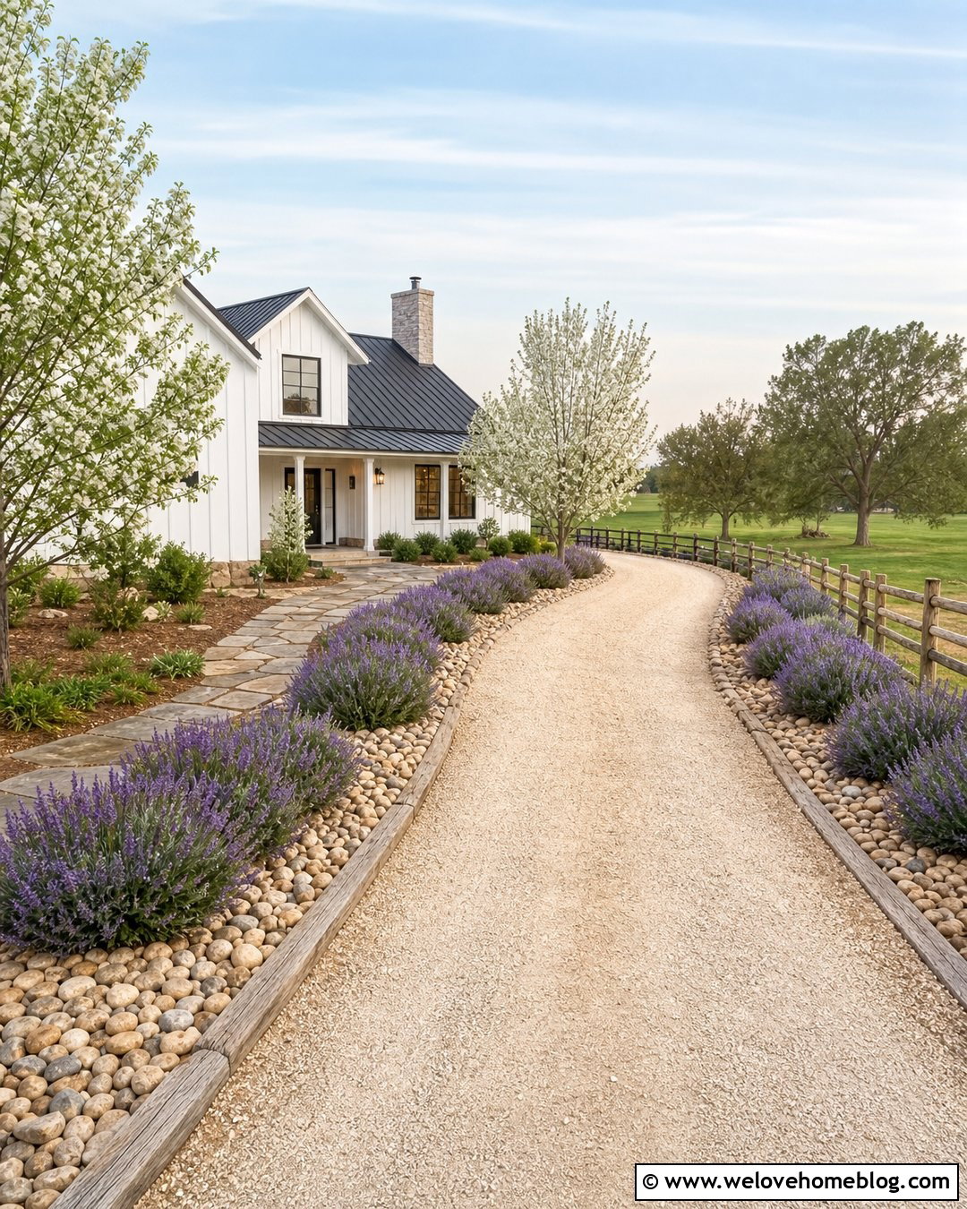 Farmhouse Driveway With River Rock And Lavender - 20 river rock along driveway ideas