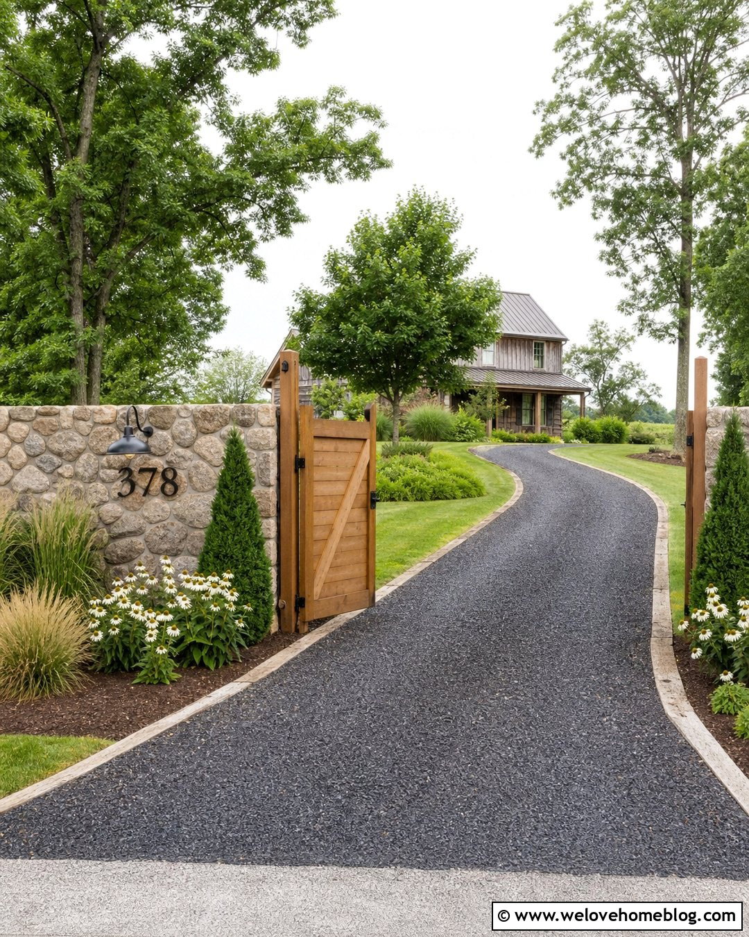 Farmhouse Driveway With Rustic Address Sign - 40 Farmhouse Driveway Entrance Ideas