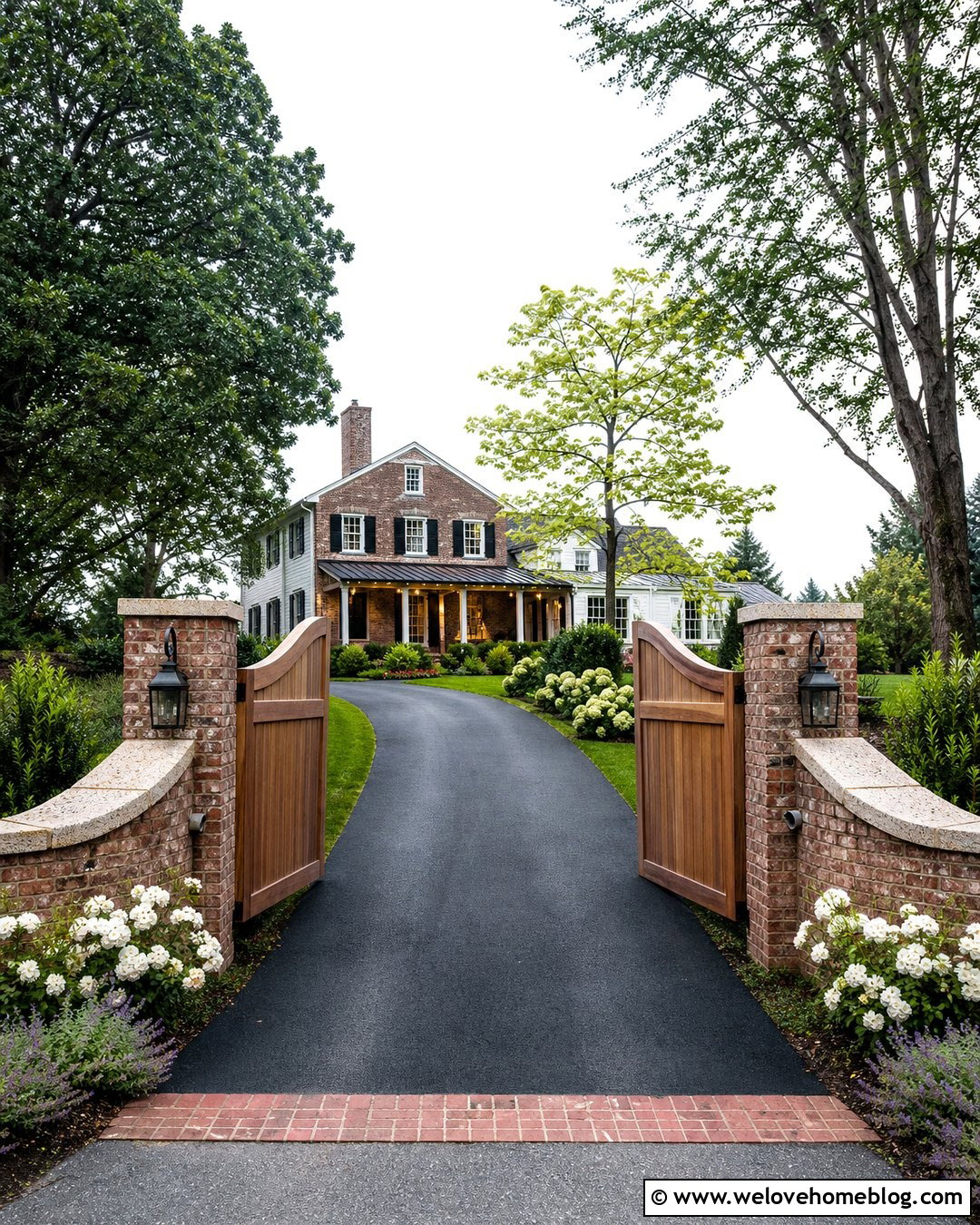 Farmhouse Driveway With Rustic Brick Walls - 40 Farmhouse Driveway Entrance Ideas