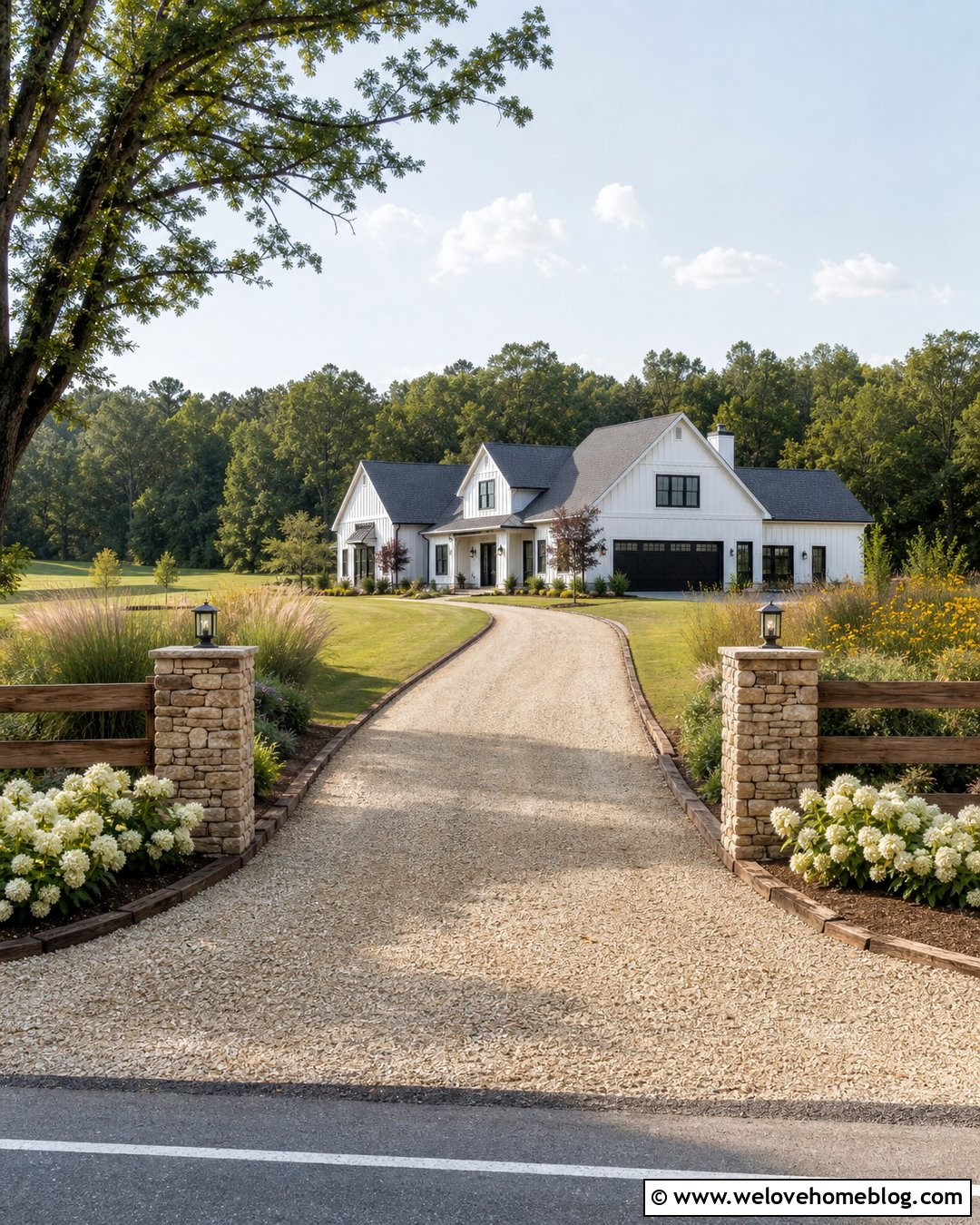 Farmhouse Driveway With Rustic Timber Edging - 20 Landscape Timber Driveway Edging Ideas