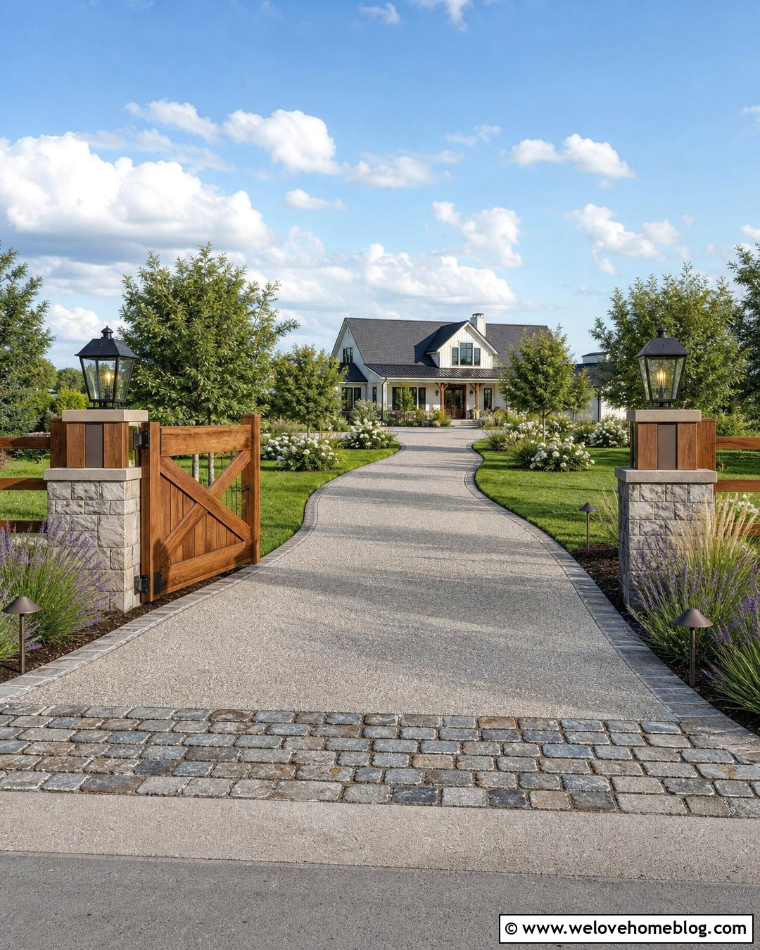 Farmhouse Driveway With Solar Pillar Lights - 40 Farmhouse Driveway Entrance Ideas