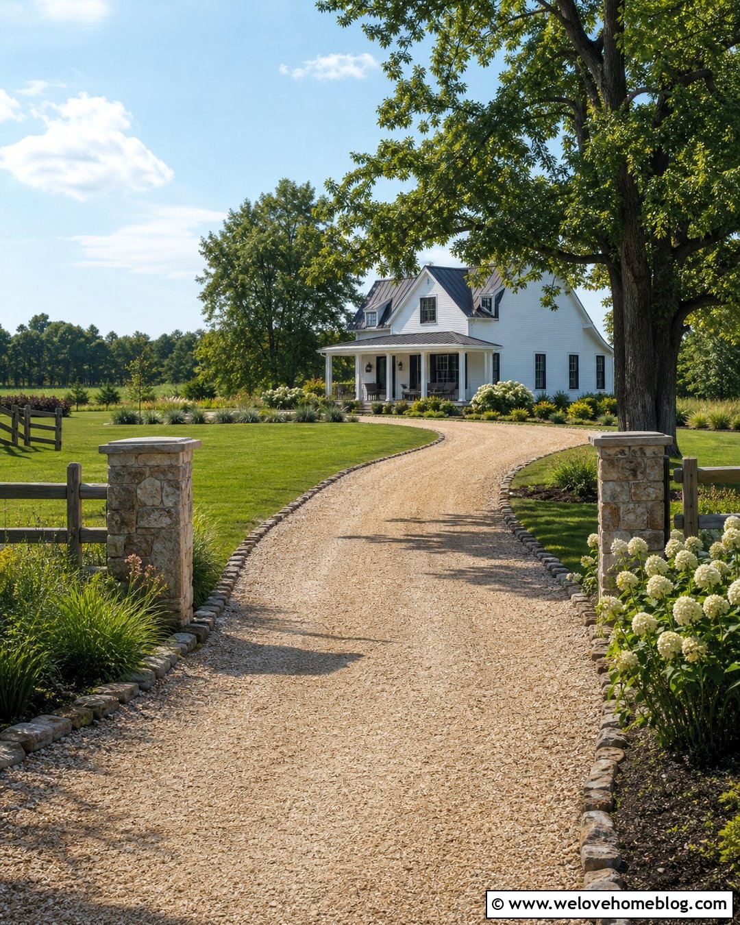 Farmhouse Driveway With Split Rail Fence - 25 front yard landscaping with driveway ideas
