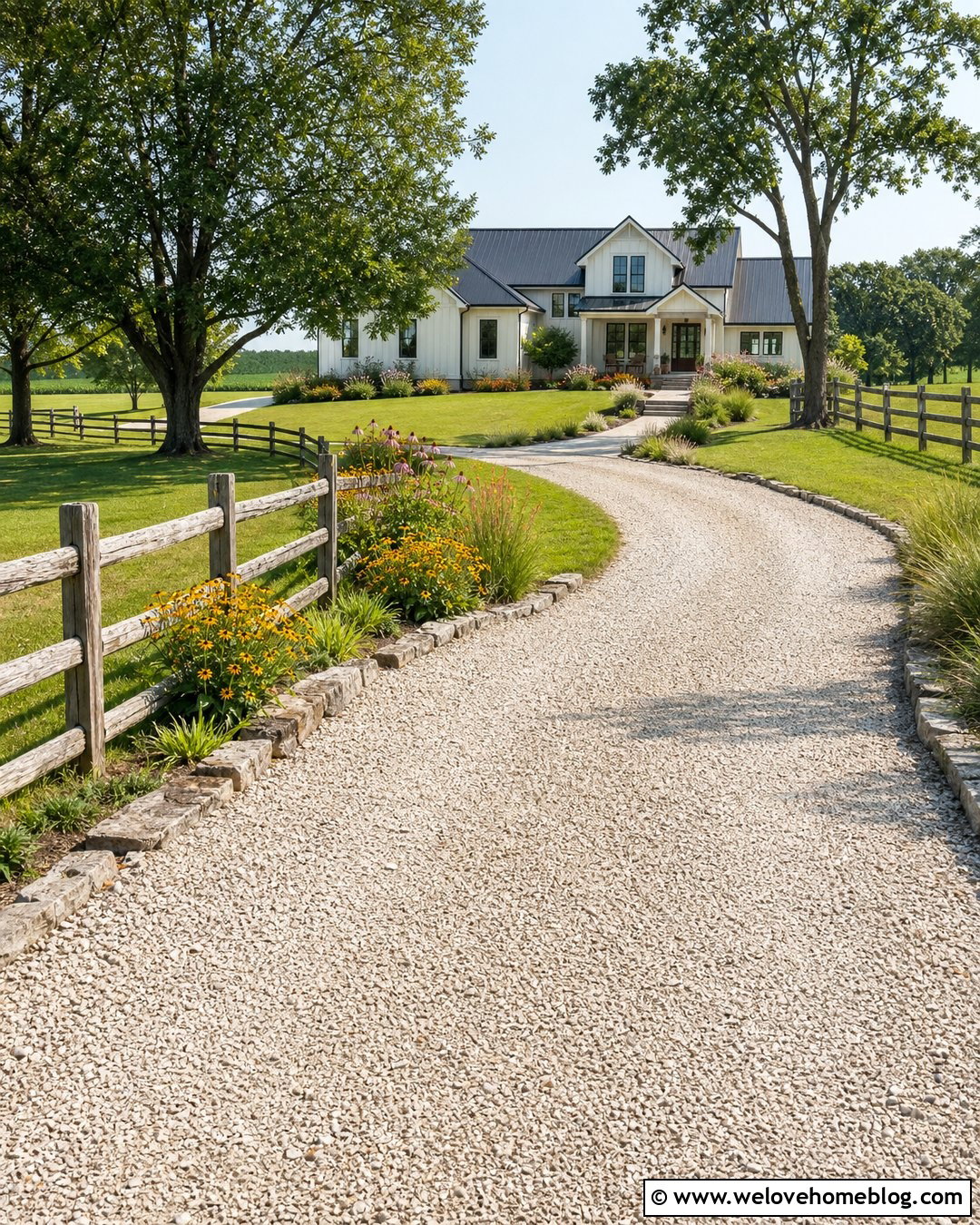 Farmhouse Driveway With Split Rail Fence - 50 Driveway Landscaping Ideas