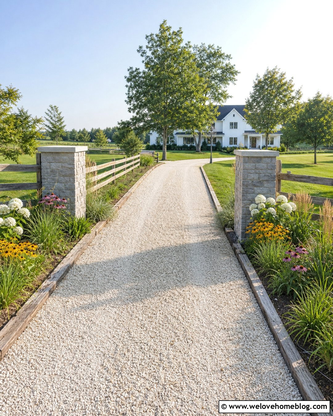 Farmhouse Driveway With Split Rail Fencing - 20 driveway landscape along ideas