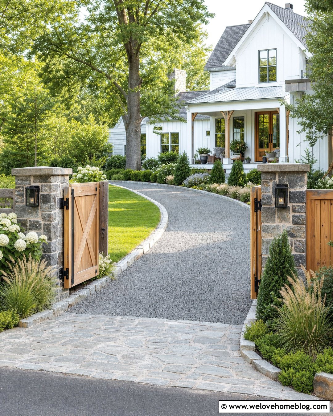 Farmhouse Driveway With Stone And Timber Gate