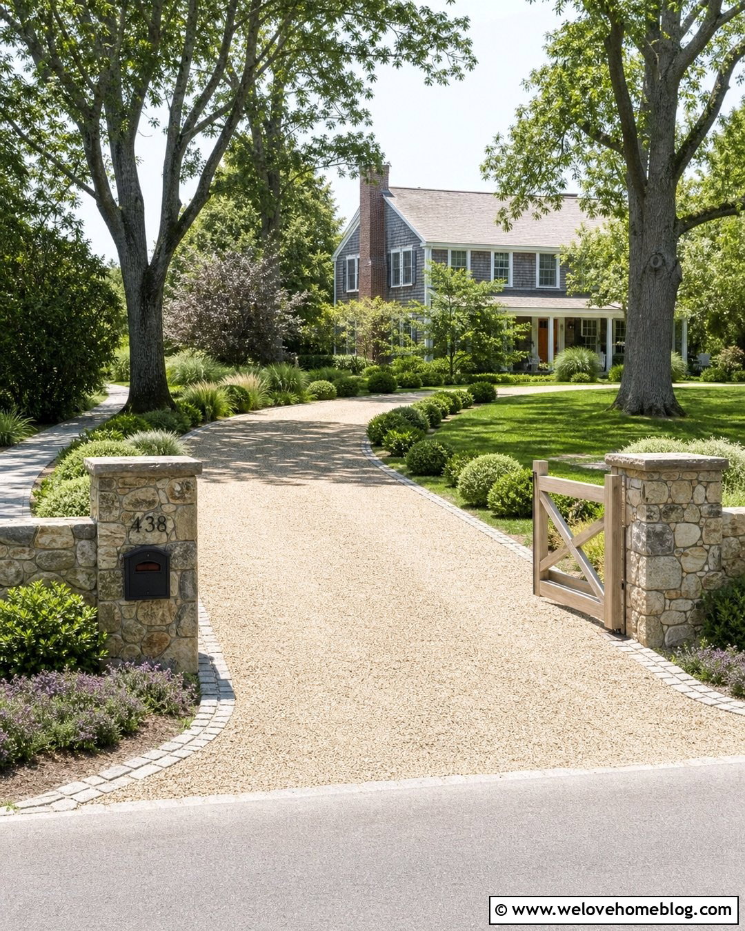 Farmhouse Driveway With Stone Mailbox Pillars - 40 Farmhouse Driveway Entrance Ideas