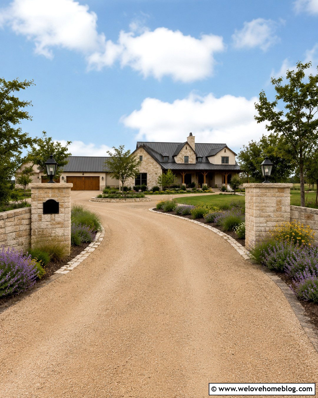Farmhouse Driveway With Stone Pillars - 20 Driveway Farmhouse Ideas