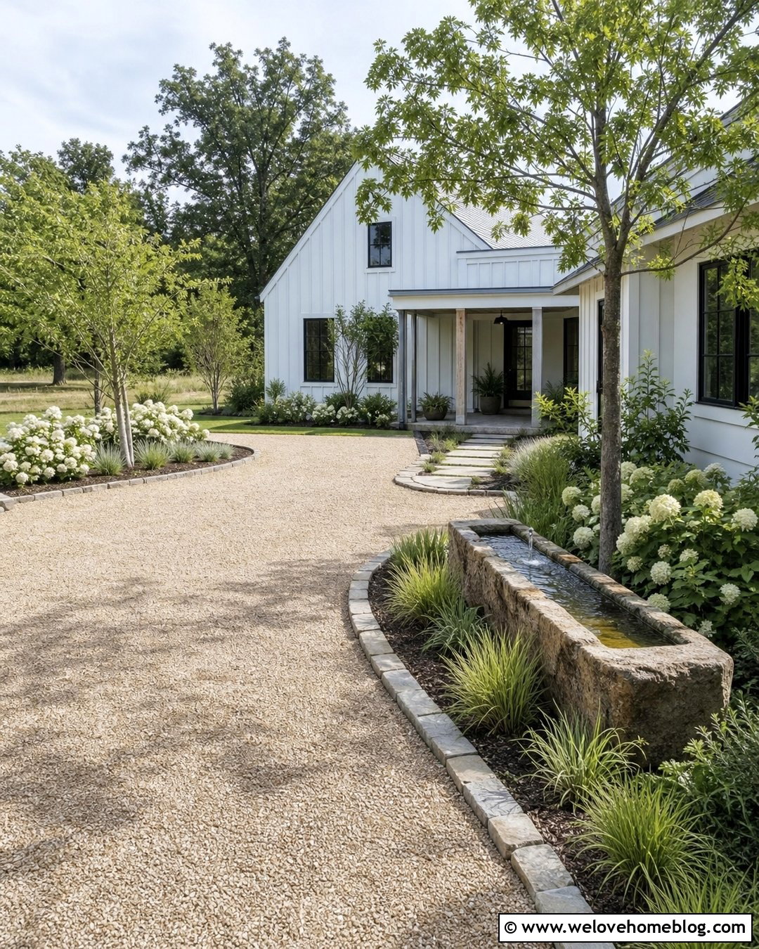 Farmhouse Driveway With Trough Fountain - 25 Driveway With Fountain Ideas