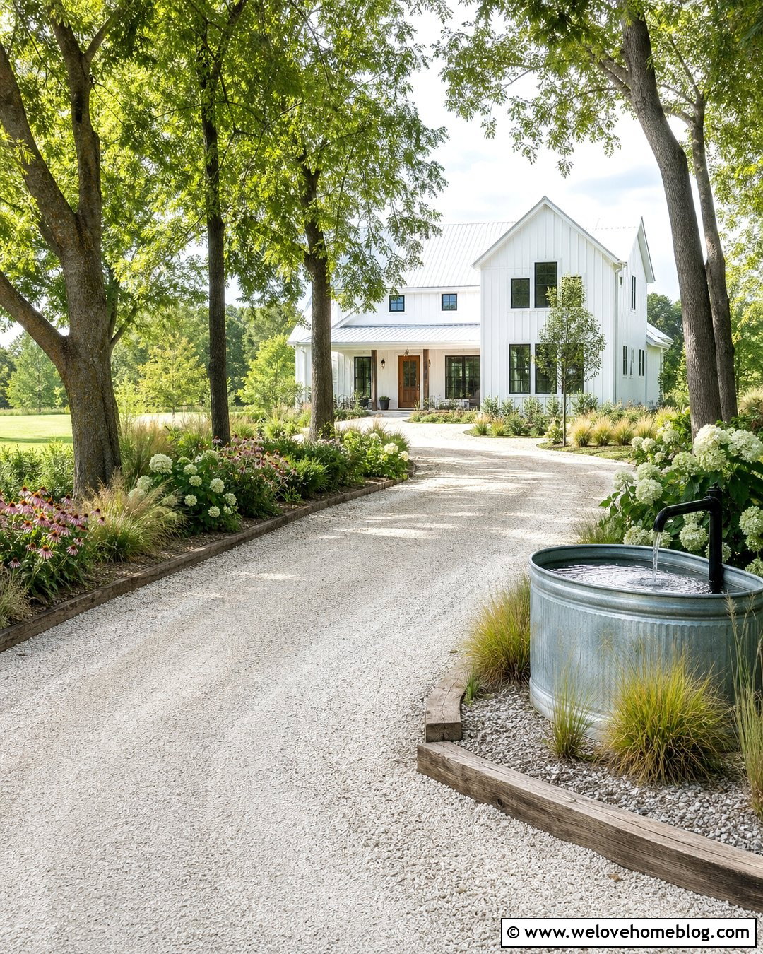 Farmhouse Driveway With Trough Fountain - 20 Driveway With Water Feature Ideas