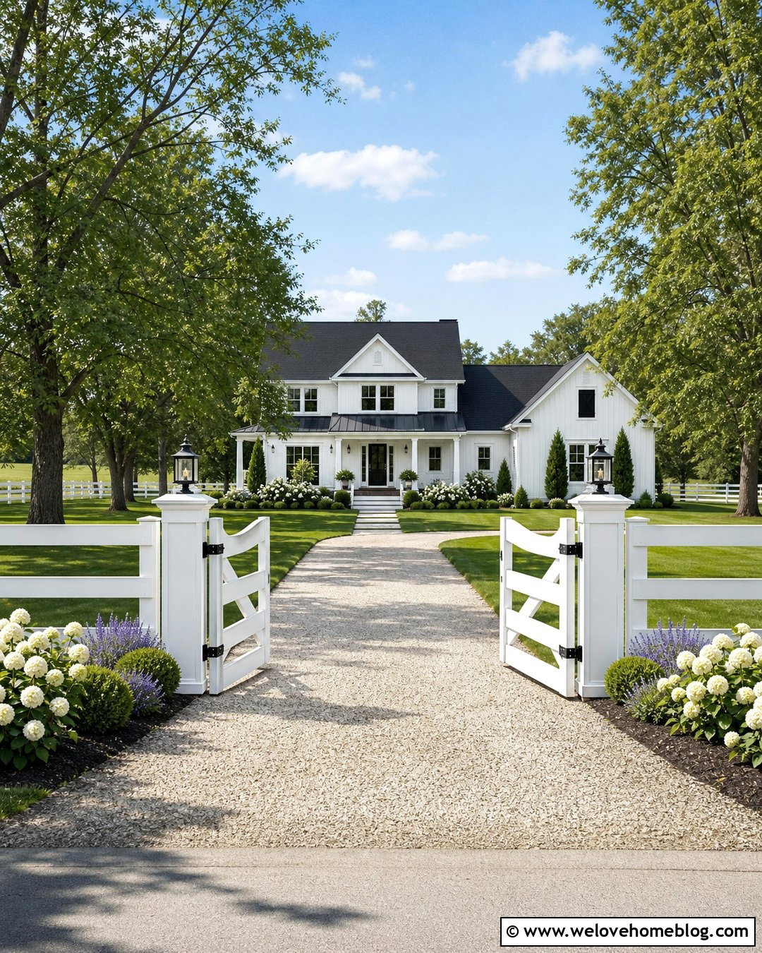 Farmhouse Driveway With White Board Fence - 40 Farmhouse Driveway Entrance Ideas