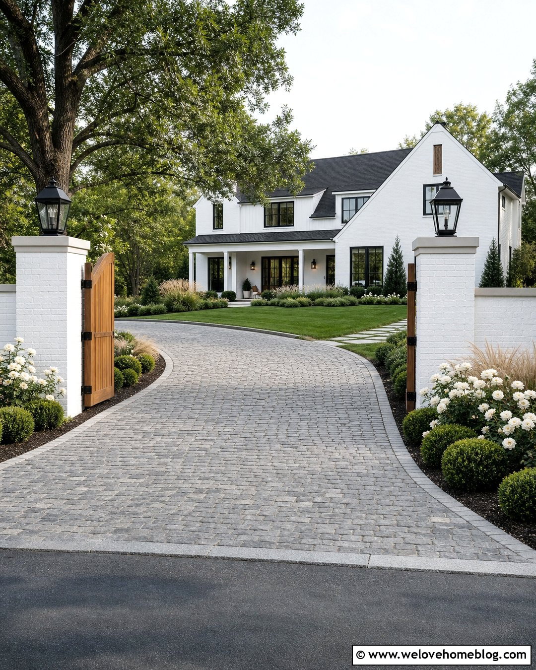 Farmhouse Driveway With White Brick Pillars - 40 Farmhouse Driveway Entrance Ideas