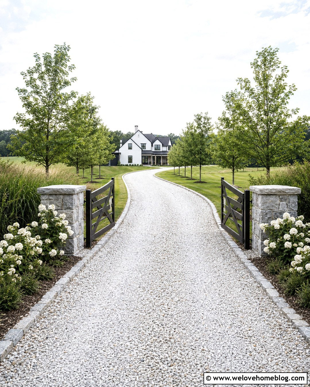 Farmhouse Driveway With White Gravel - 20 Driveway Transformation Ideas