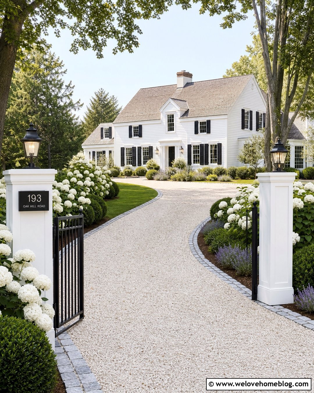 Farmhouse Driveway With White Hydrangea Borders - 40 Farmhouse Driveway Entrance Ideas