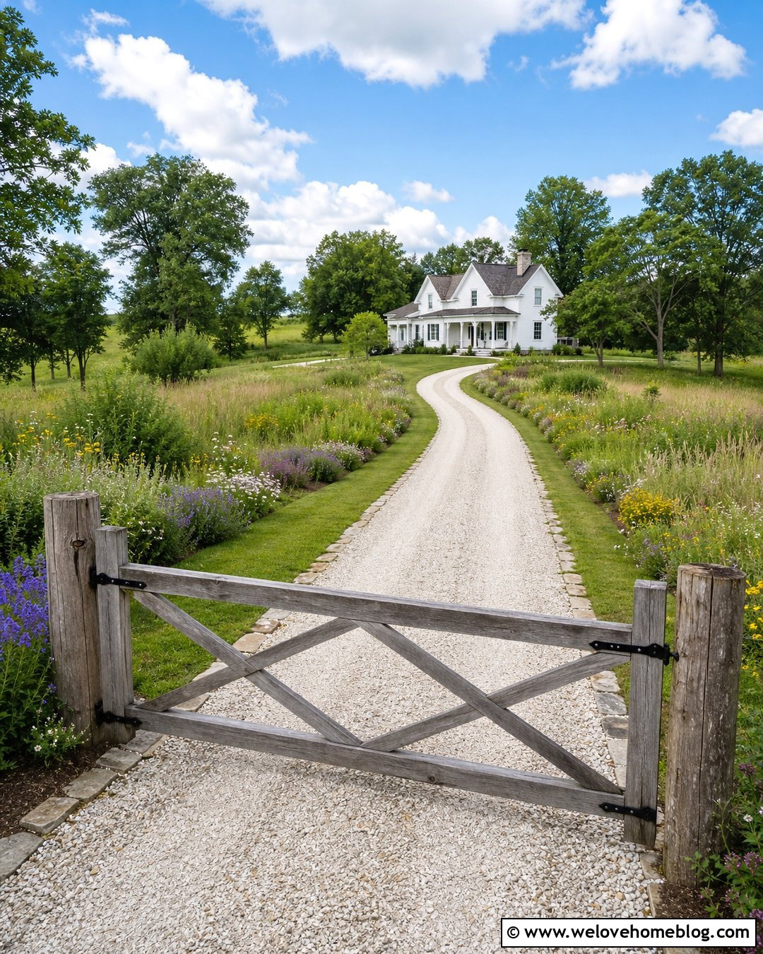 Farmhouse Driveway With Wildflower Borders - 40 Farmhouse Driveway Entrance Ideas