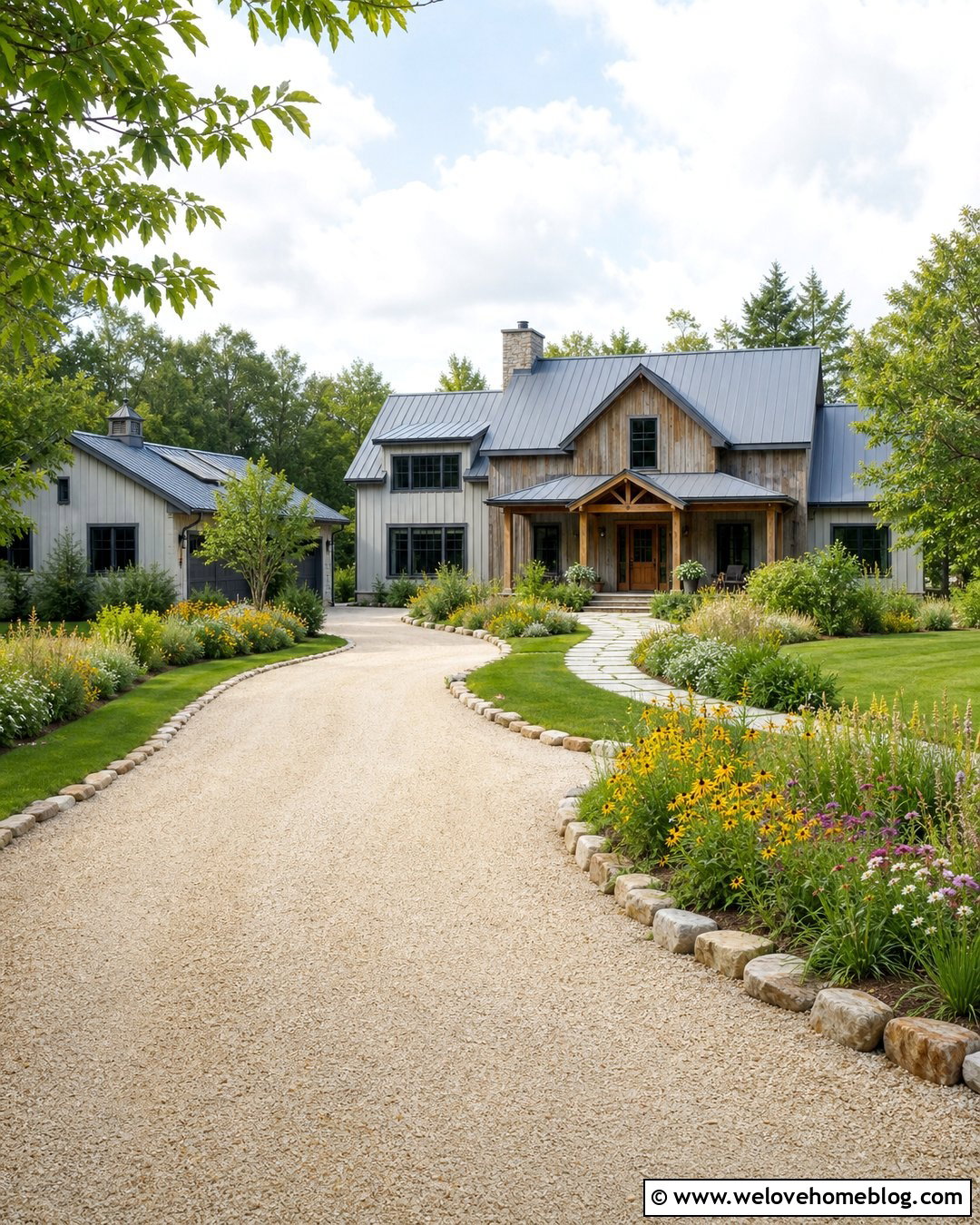 Farmhouse Driveway With Wildflower Borders - 40 landscaping along driveway ideas
