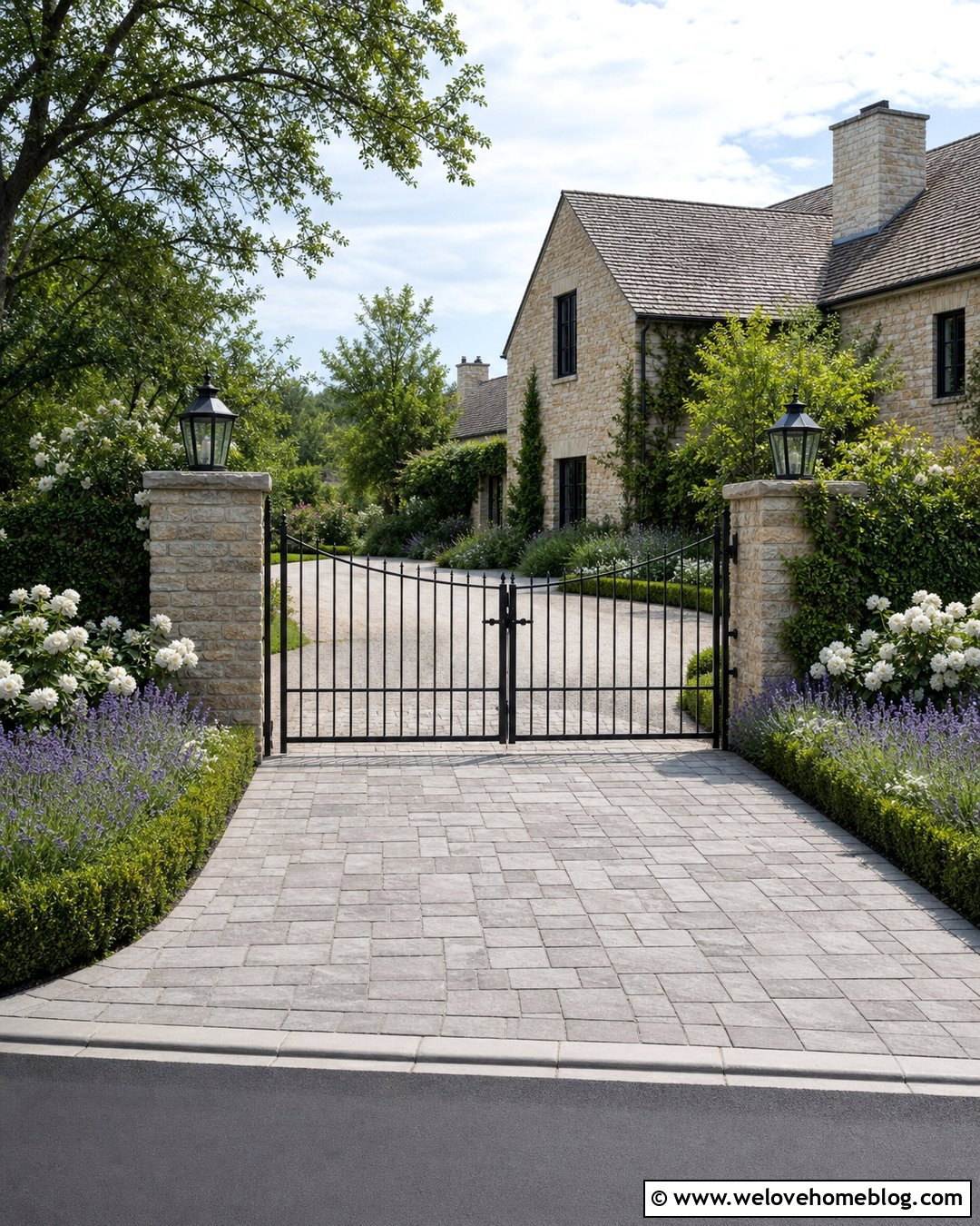 Farmhouse Driveway With Wrought Iron Gate - 40 Farmhouse Driveway Entrance Ideas