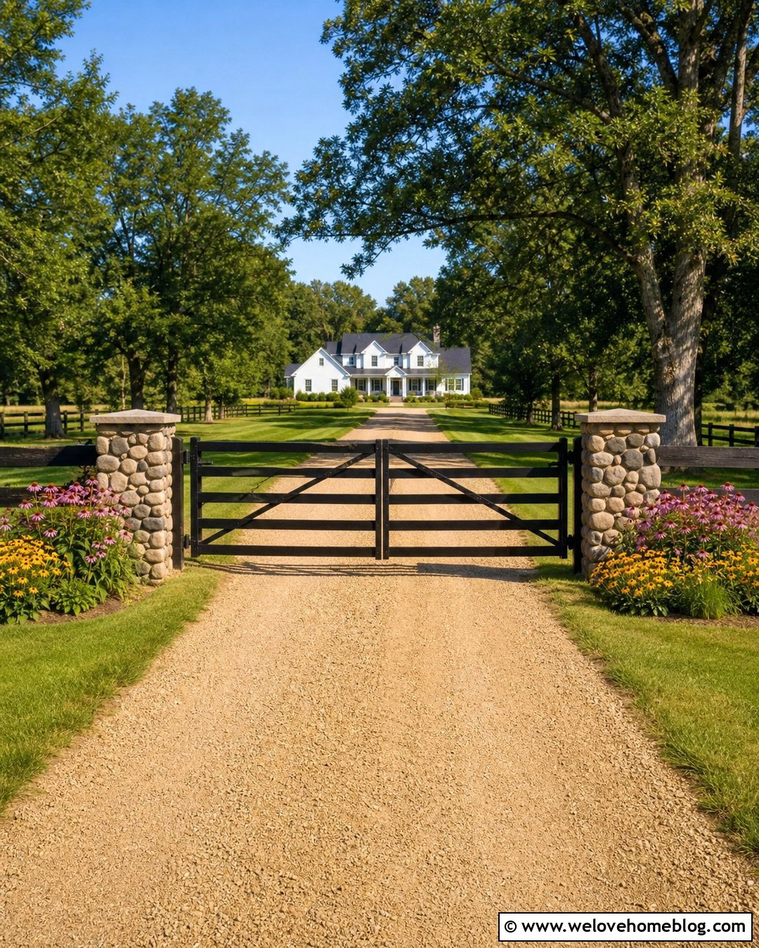 Farmhouse Entrance Gate With River Rock Pillars - 20 Entrance Gates Driveway Stone Pillars Ideas