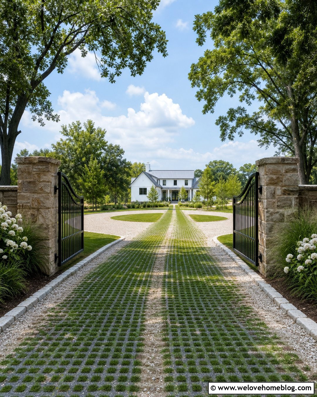 Farmhouse Grass Driveway With Stone Pillars - 20 drivable grass driveways ideas