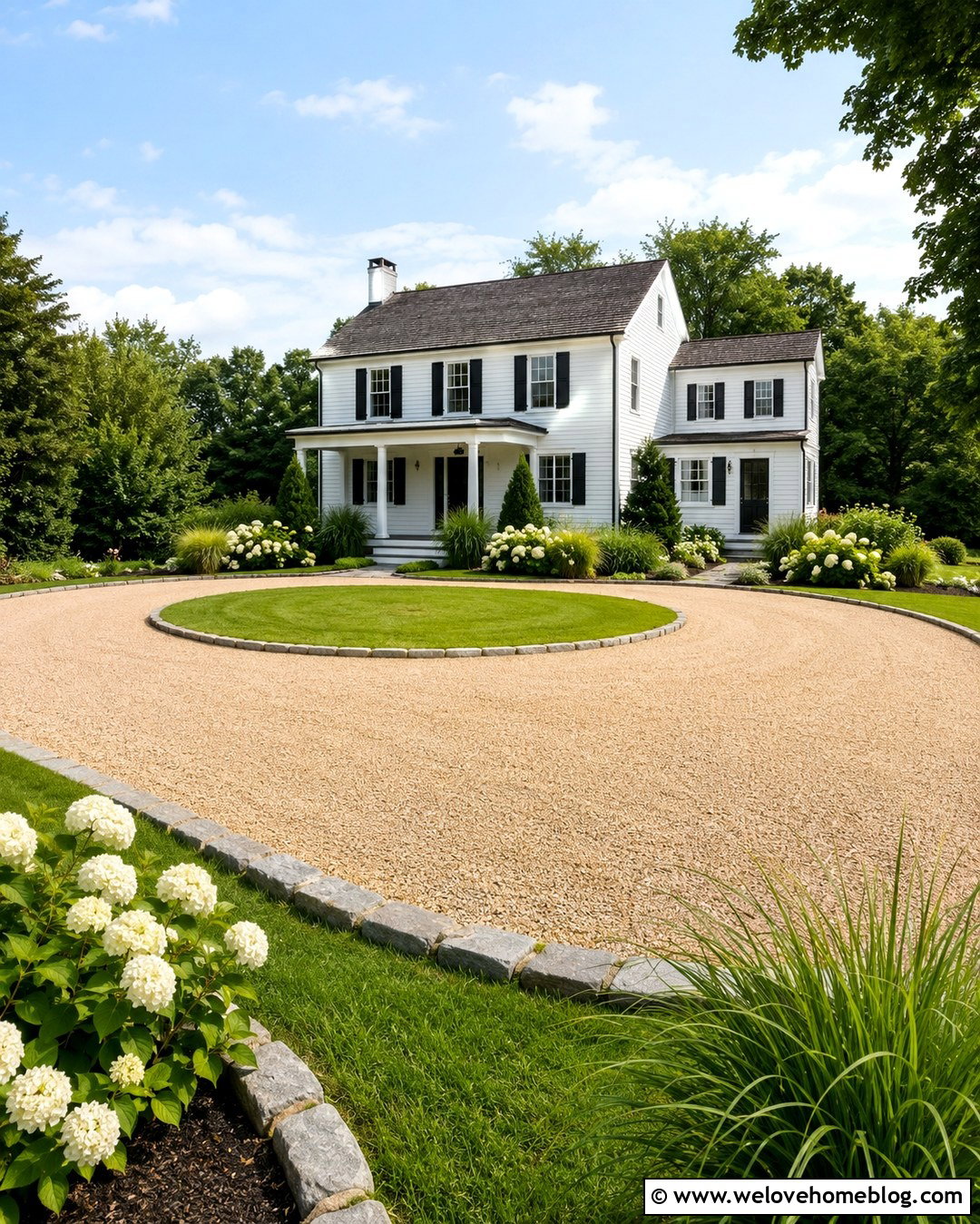 Farmhouse Gravel Circle Driveway With Stone Edging - 20 Farmhouse Circle Driveway Ideas