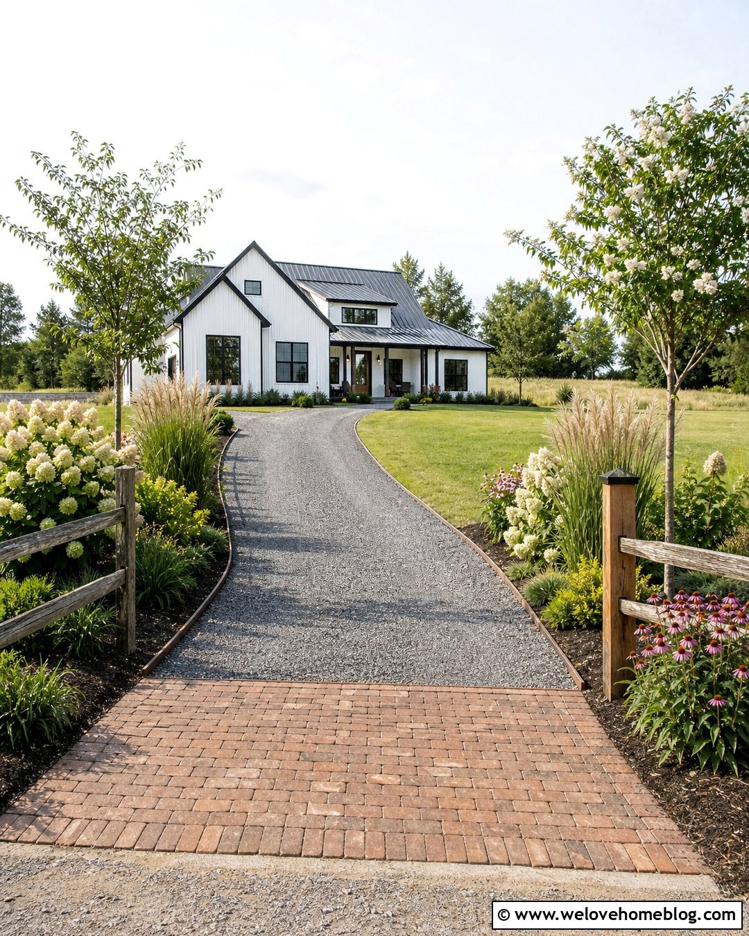 Farmhouse Gravel Driveway Entrance With Split Rail Fence - 20 landscaped driveway entrance ideas