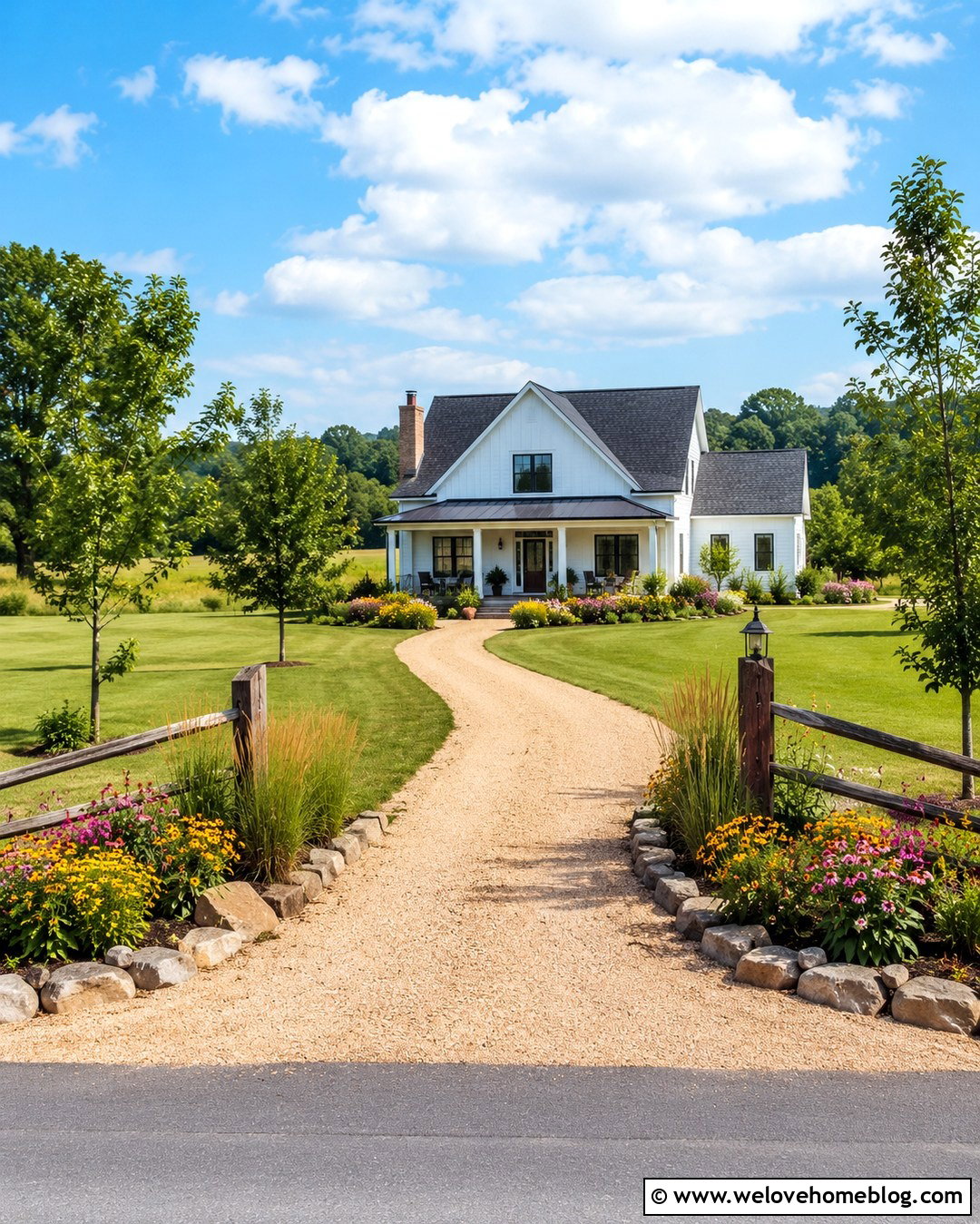 Farmhouse Gravel Driveway Entrance With Wildflowers - 20 Entrance Driveway Landscaping Ideas